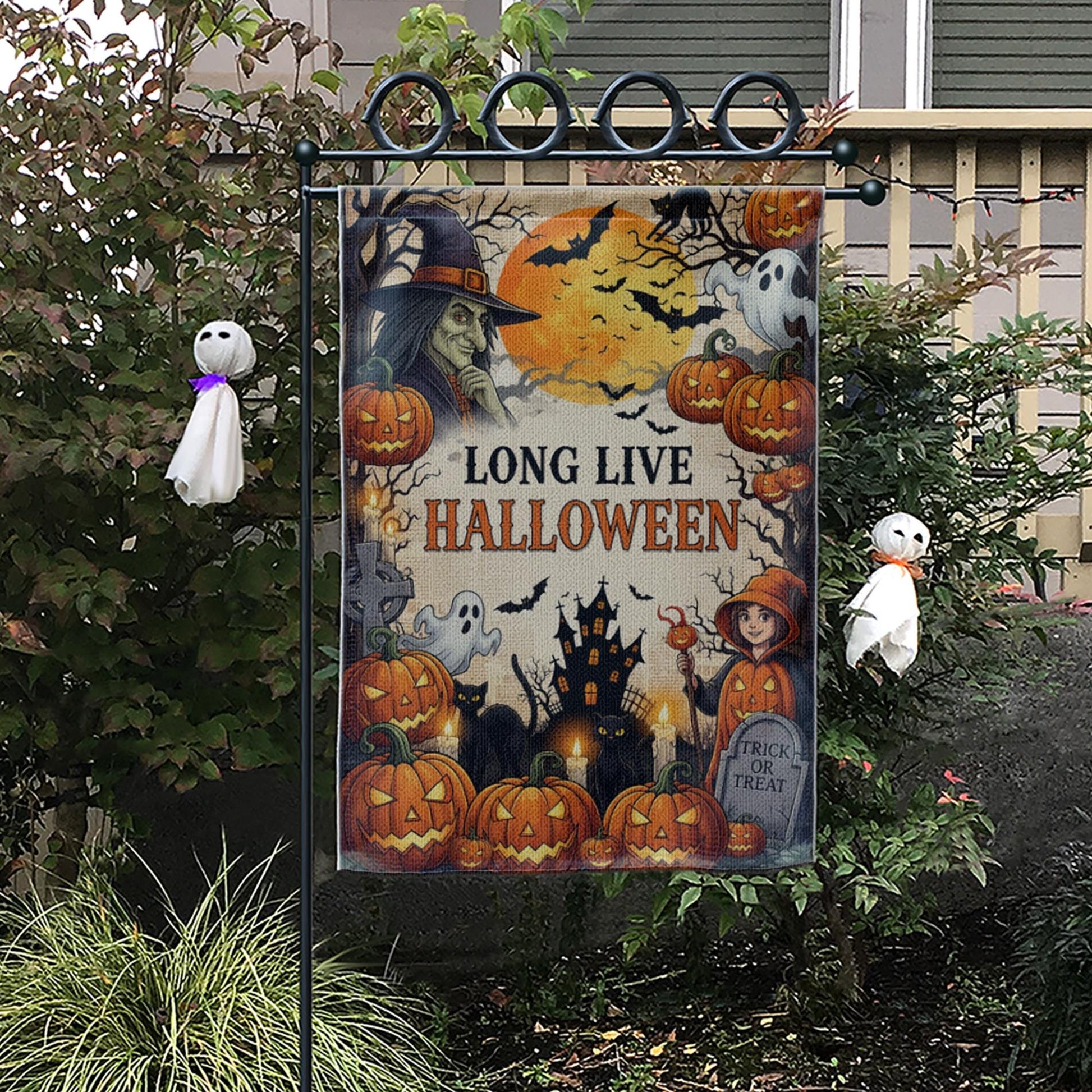 Long Live Halloween Garden Flag - Vintage Witch & Pumpkin Yard Sign - Spooky Haunted House Outdoor Decor - Trick or Treat Banner