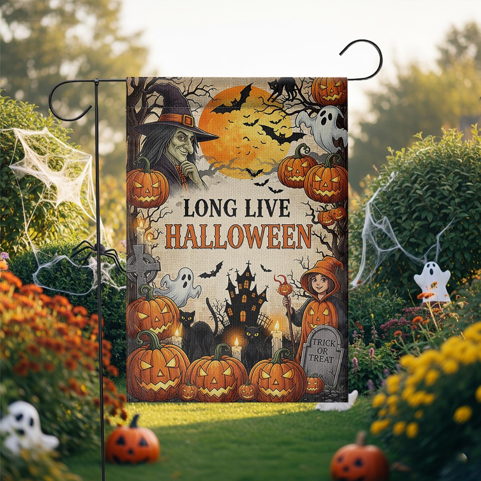 Long Live Halloween Garden Flag - Vintage Witch & Pumpkin Yard Sign - Spooky Haunted House Outdoor Decor - Trick or Treat Banner