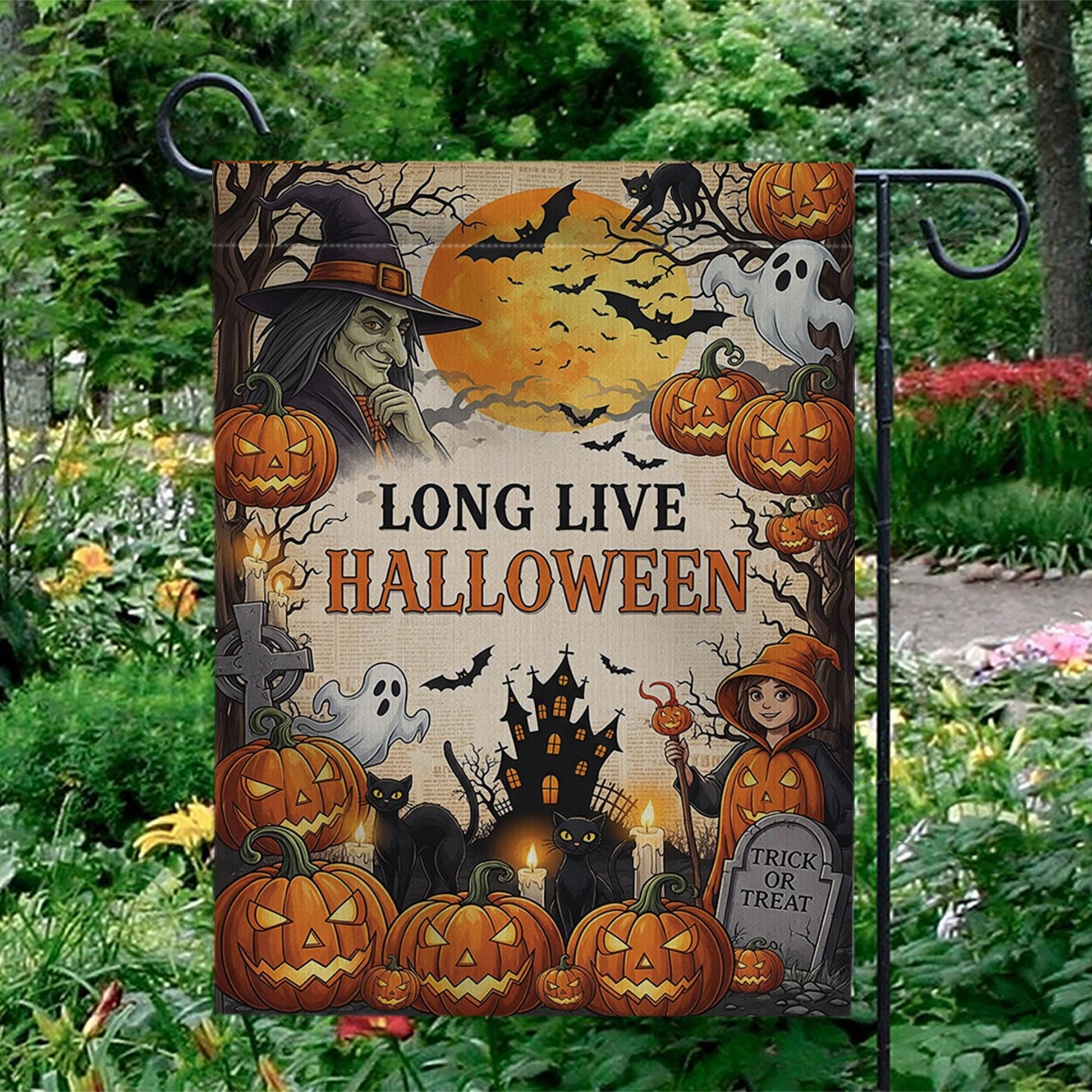 Long Live Halloween Garden Flag - Vintage Witch & Pumpkin Yard Sign - Spooky Haunted House Outdoor Decor - Trick or Treat Banner