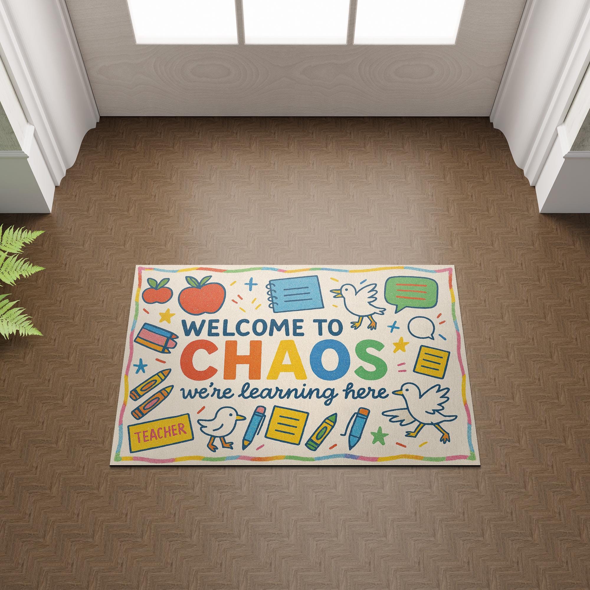 Welcome to Chaos Classroom Doormat | Funny Teacher Rug for School or Home | Cute and Colorful Entryway Mat for Educators, Goose Doormat
