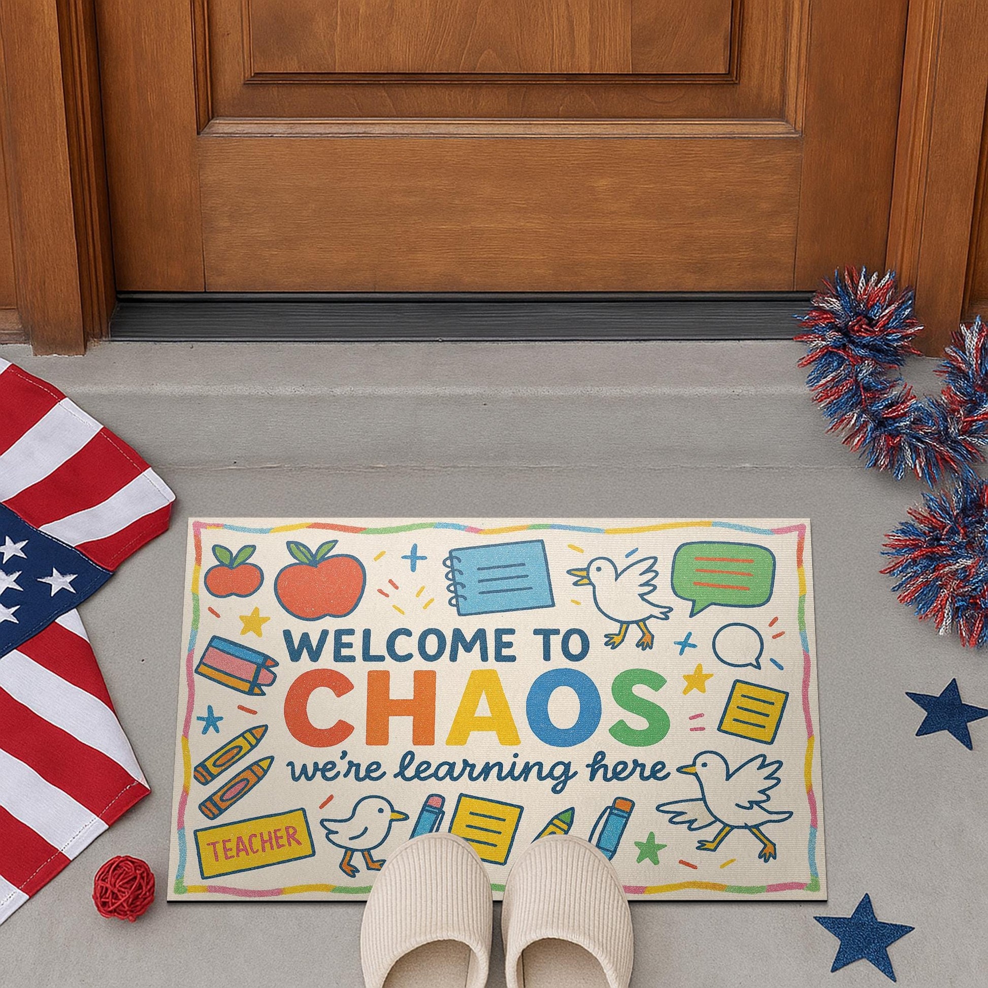 Welcome to Chaos Classroom Doormat | Funny Teacher Rug for School or Home | Cute and Colorful Entryway Mat for Educators, Goose Doormat