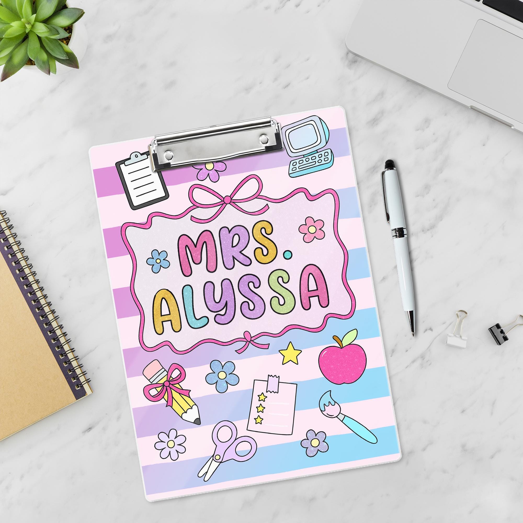 Personalized Teacher Clipboard, Custom Name Acrylic Clipboard, Cute Pastel School Supplies, Gift for Teachers, Classroom Accessory