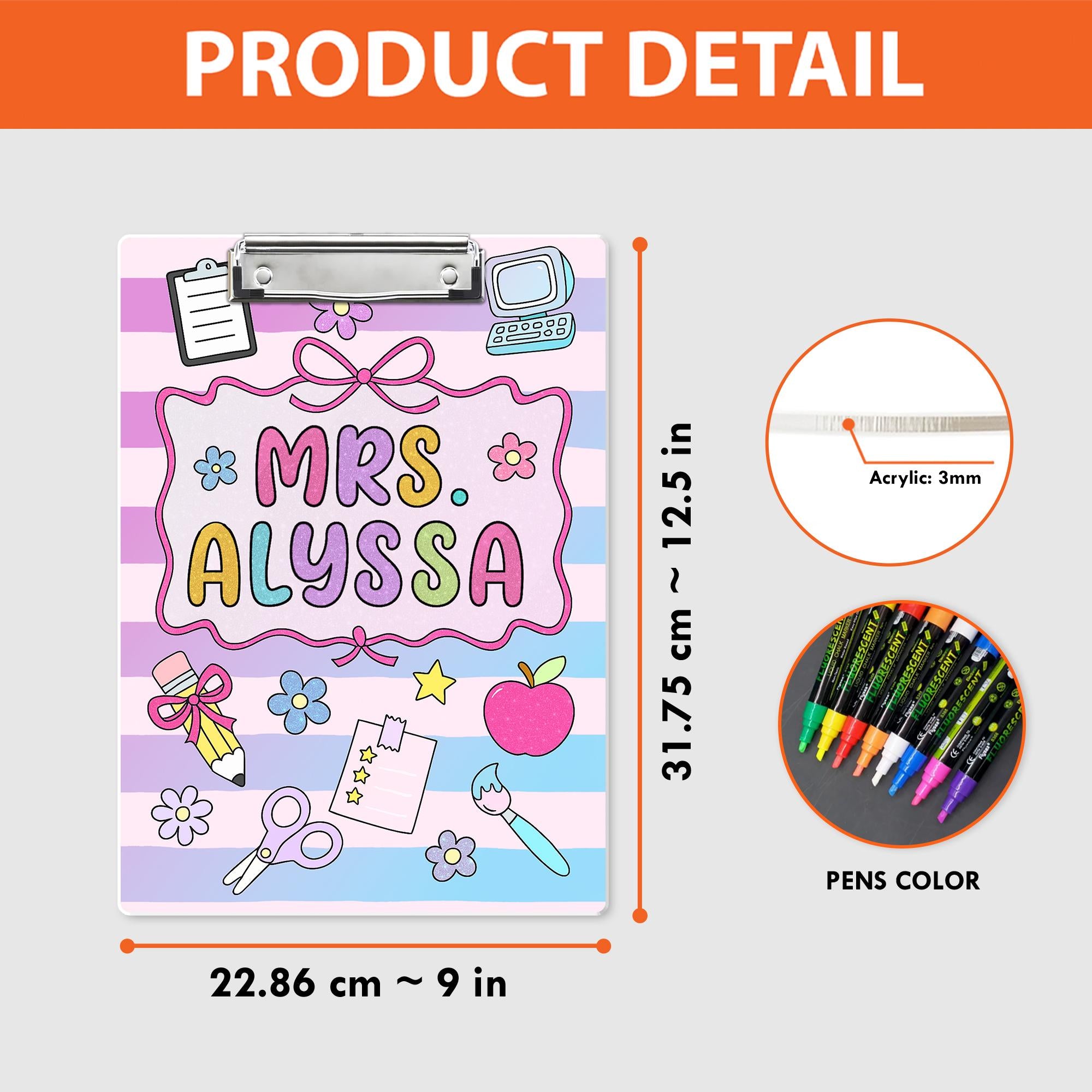 Personalized Teacher Clipboard, Custom Name Acrylic Clipboard, Cute Pastel School Supplies, Gift for Teachers, Classroom Accessory