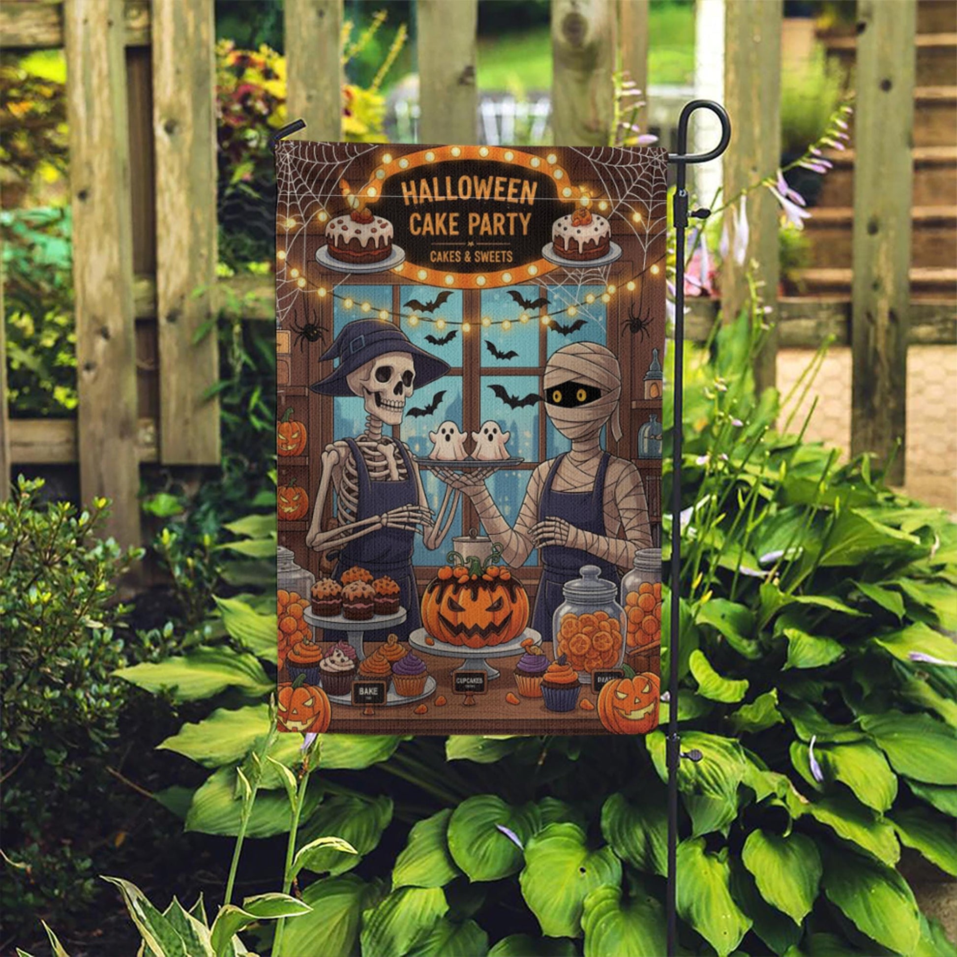 Halloween Cake Party Garden Flag - Skeleton & Mummy Bakery Decor - Cute Spooky Yard Sign - Halloween Treats Outdoor Banner
