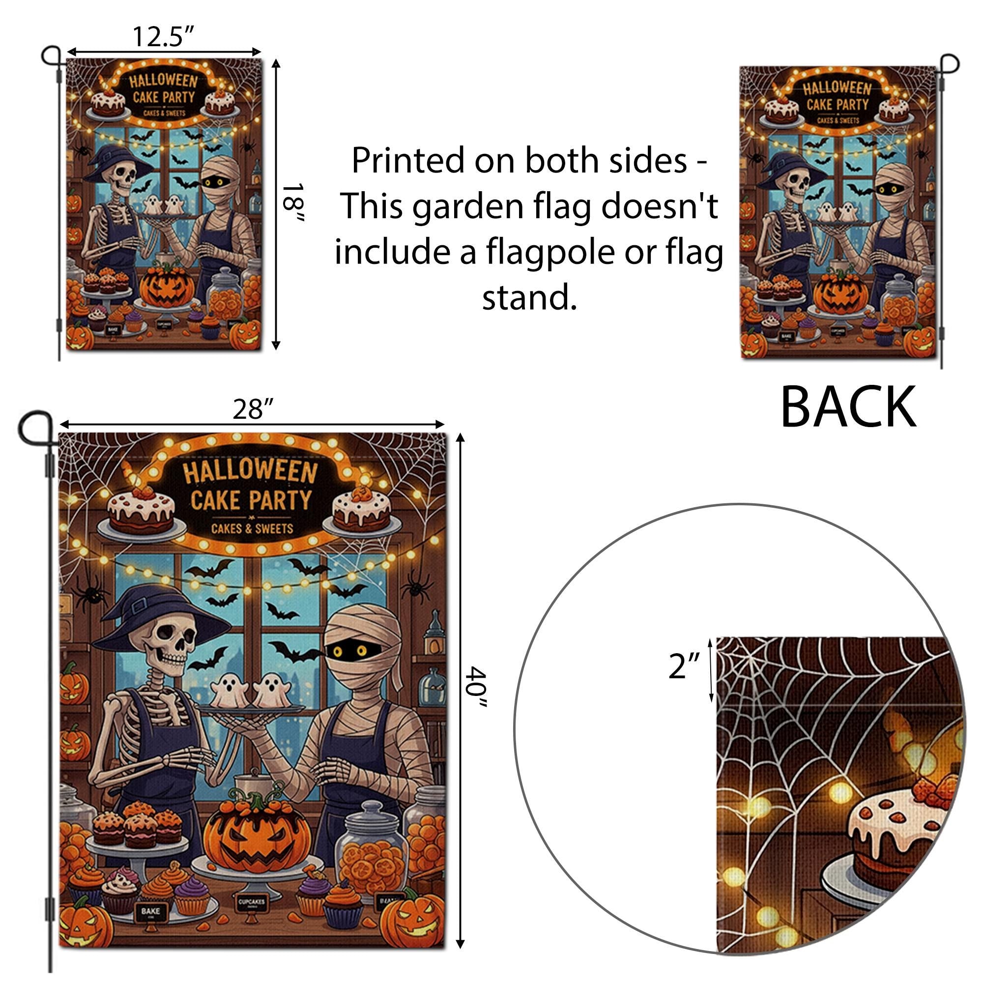 Halloween Cake Party Garden Flag - Skeleton & Mummy Bakery Decor - Cute Spooky Yard Sign - Halloween Treats Outdoor Banner