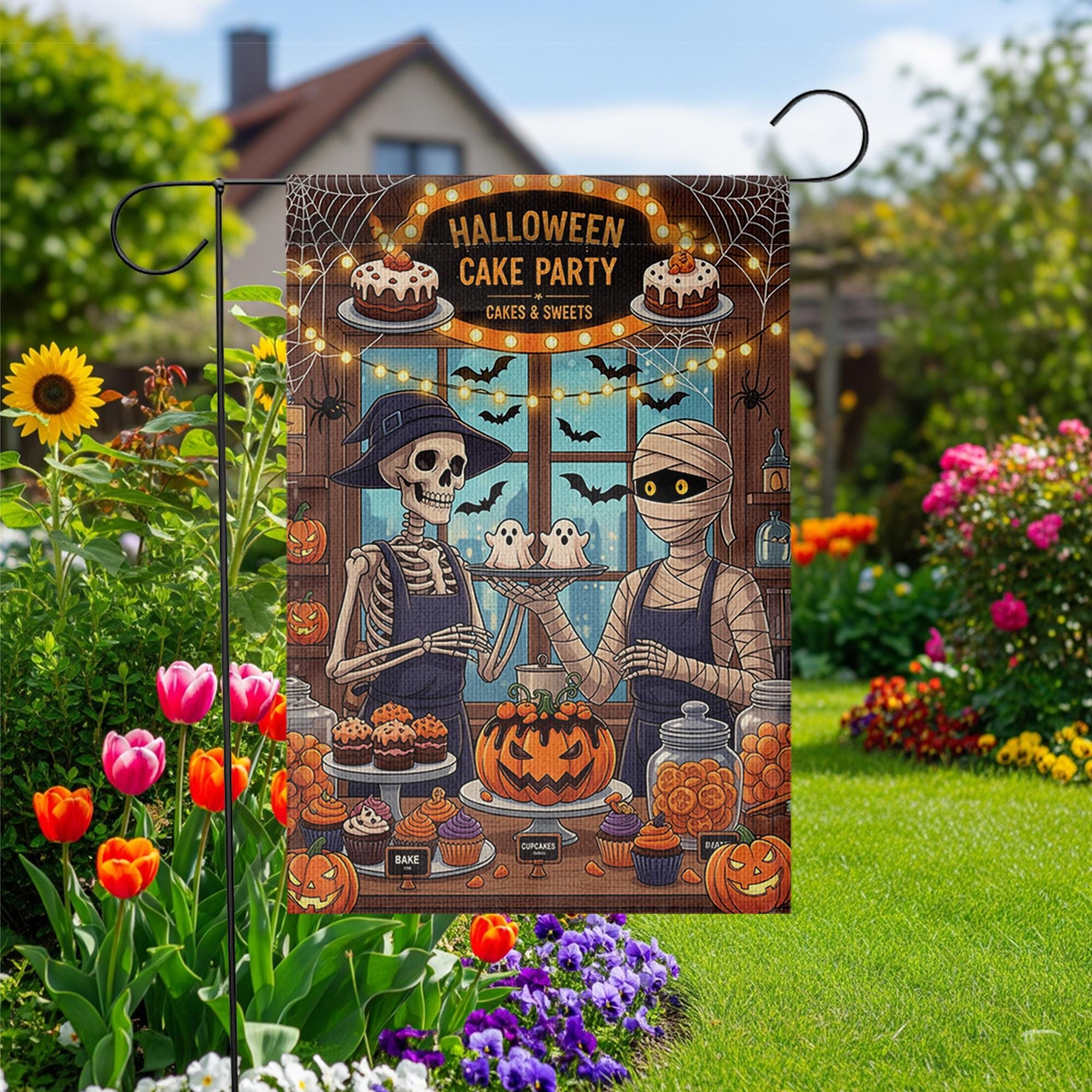 Halloween Cake Party Garden Flag - Skeleton & Mummy Bakery Decor - Cute Spooky Yard Sign - Halloween Treats Outdoor Banner