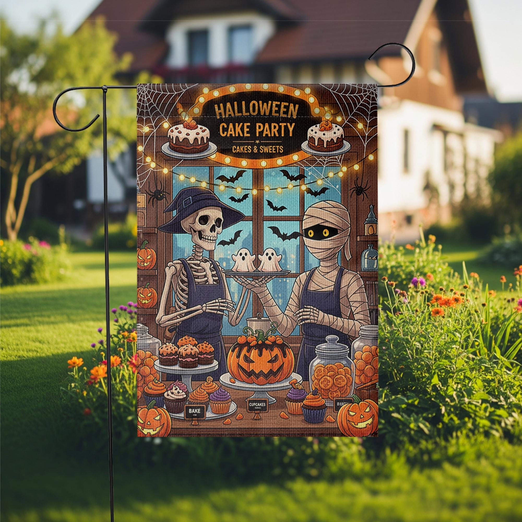 Halloween Cake Party Garden Flag - Skeleton & Mummy Bakery Decor - Cute Spooky Yard Sign - Halloween Treats Outdoor Banner