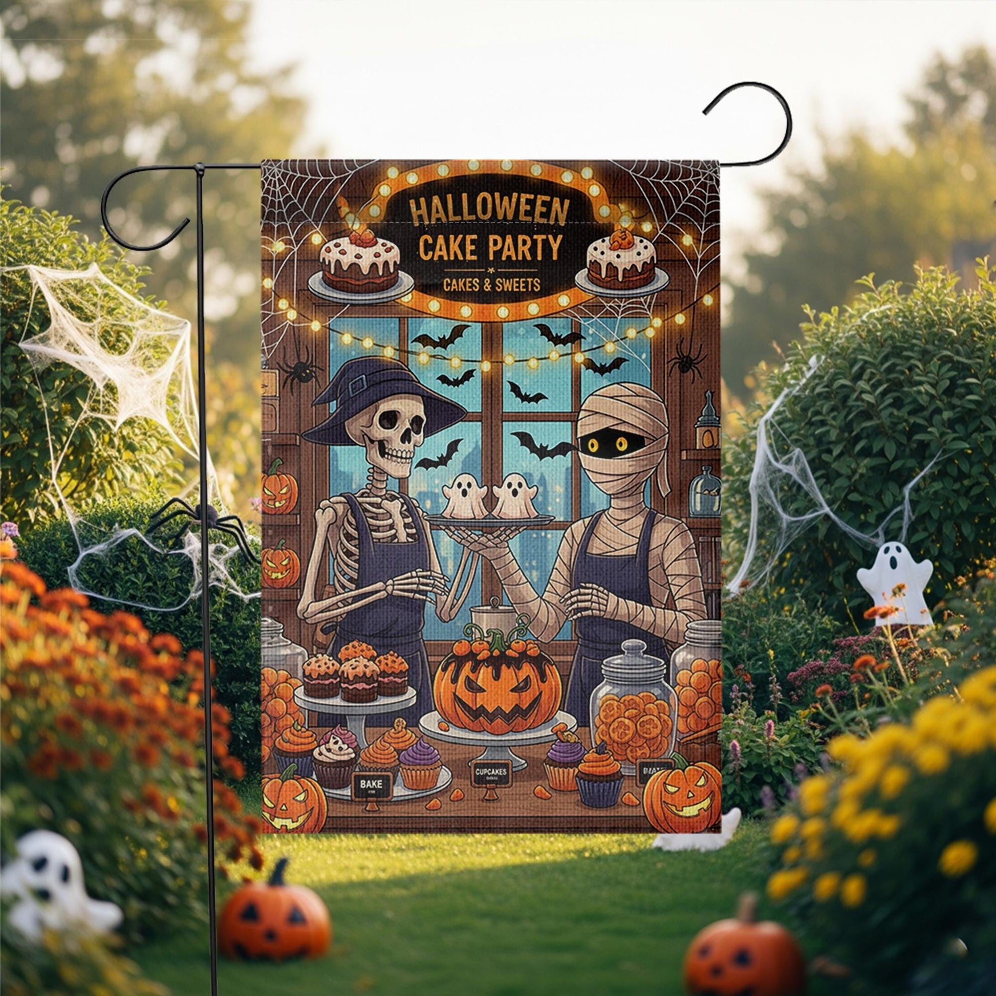 Halloween Cake Party Garden Flag - Skeleton & Mummy Bakery Decor - Cute Spooky Yard Sign - Halloween Treats Outdoor Banner