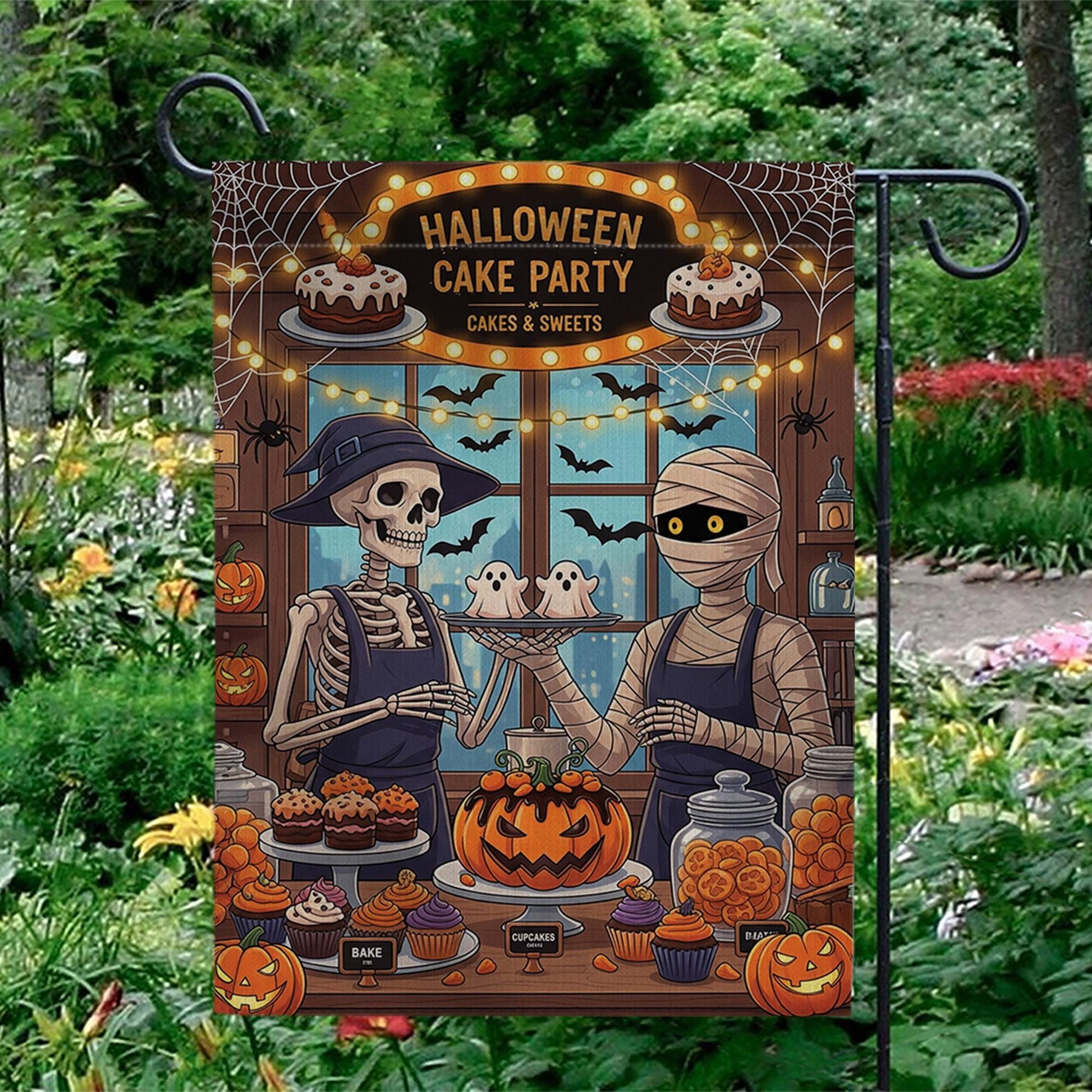 Halloween Cake Party Garden Flag - Skeleton & Mummy Bakery Decor - Cute Spooky Yard Sign - Halloween Treats Outdoor Banner