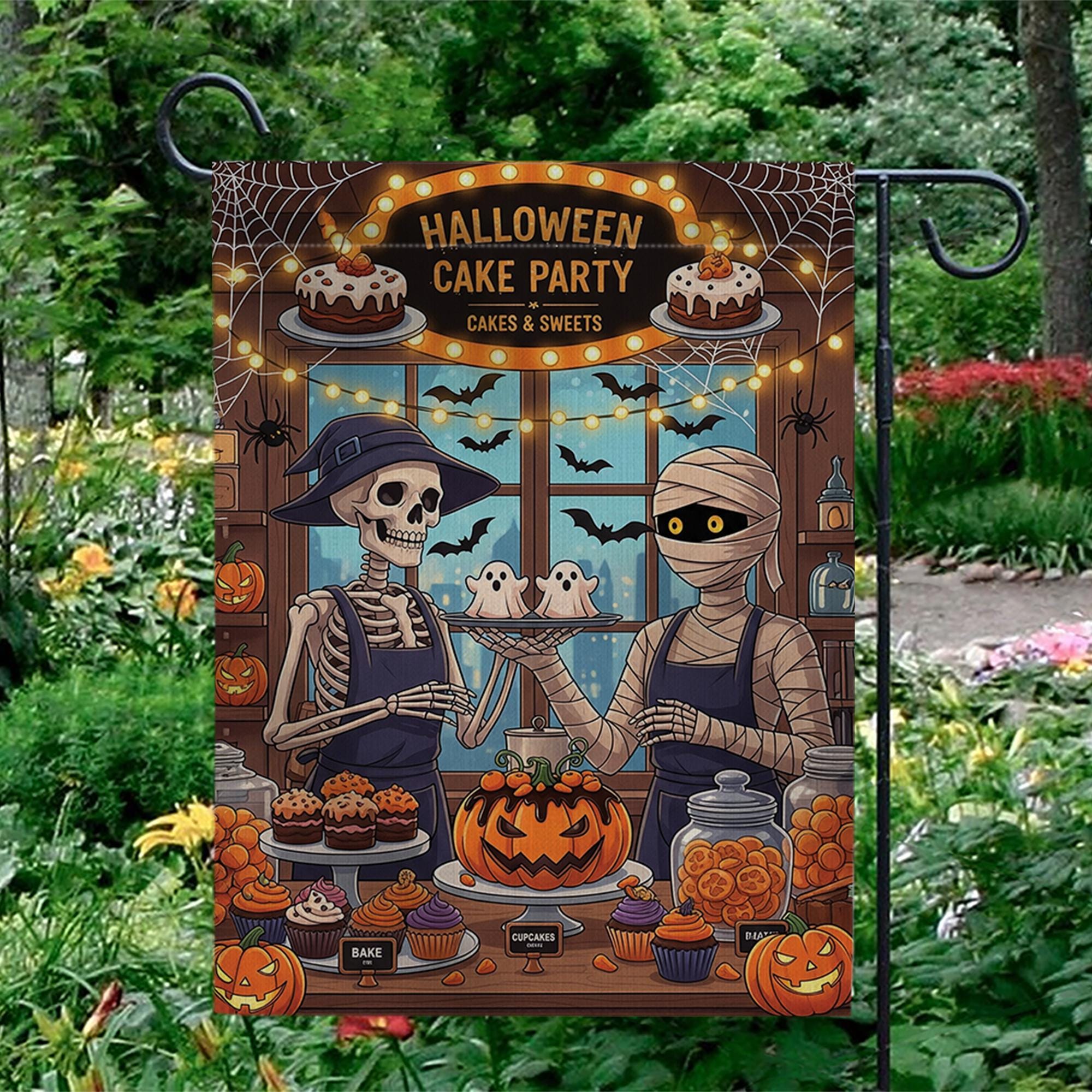 Halloween Cake Party Garden Flag - Skeleton & Mummy Bakery Decor - Cute Spooky Yard Sign - Halloween Treats Outdoor Banner