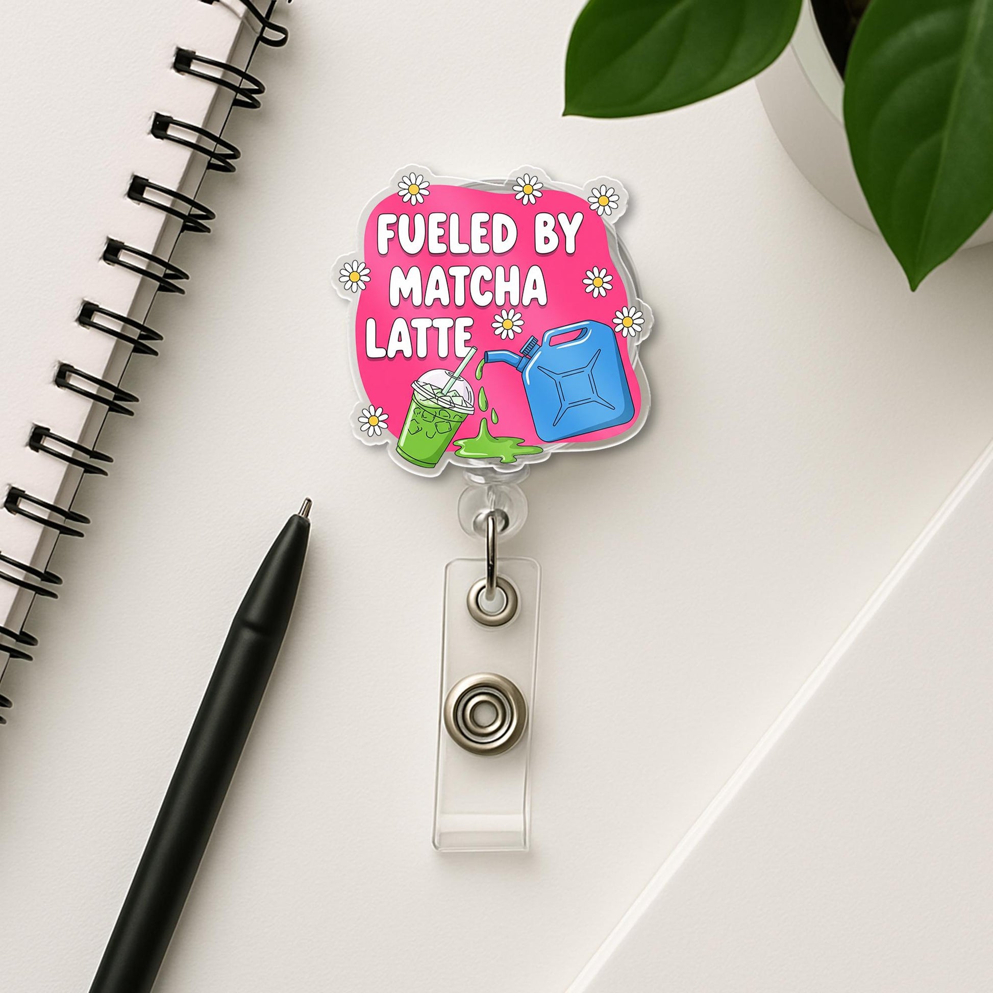 Fueled by Matcha Latte Badge Reel | Cute ID Holder for Nurses, Teachers, and Matcha Lovers | Funny Work Accessory, Workplace Badge Clip