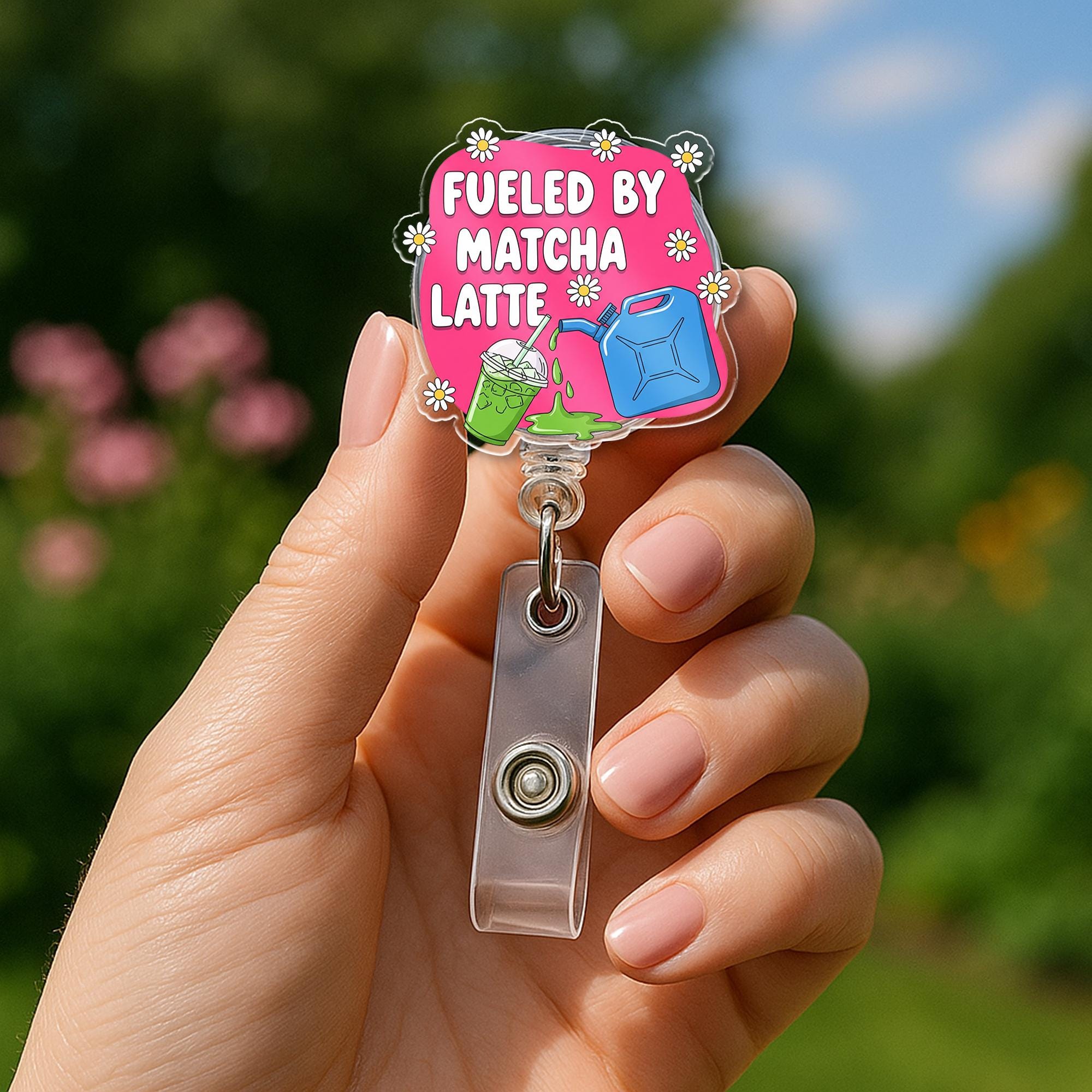 Fueled by Matcha Latte Badge Reel | Cute ID Holder for Nurses, Teachers, and Matcha Lovers | Funny Work Accessory, Workplace Badge Clip