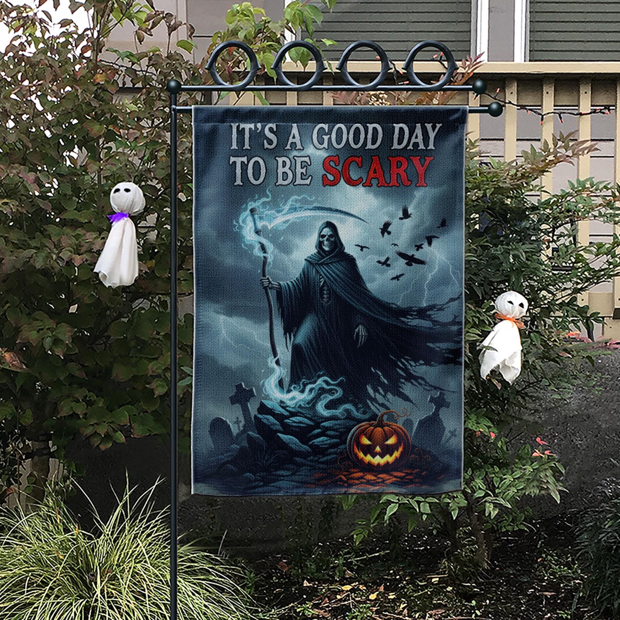 Grim Reaper Halloween Garden Flag - It's a Good Day to Be Scary - Spooky Yard Sign - Gothic Outdoor Fall Decor
