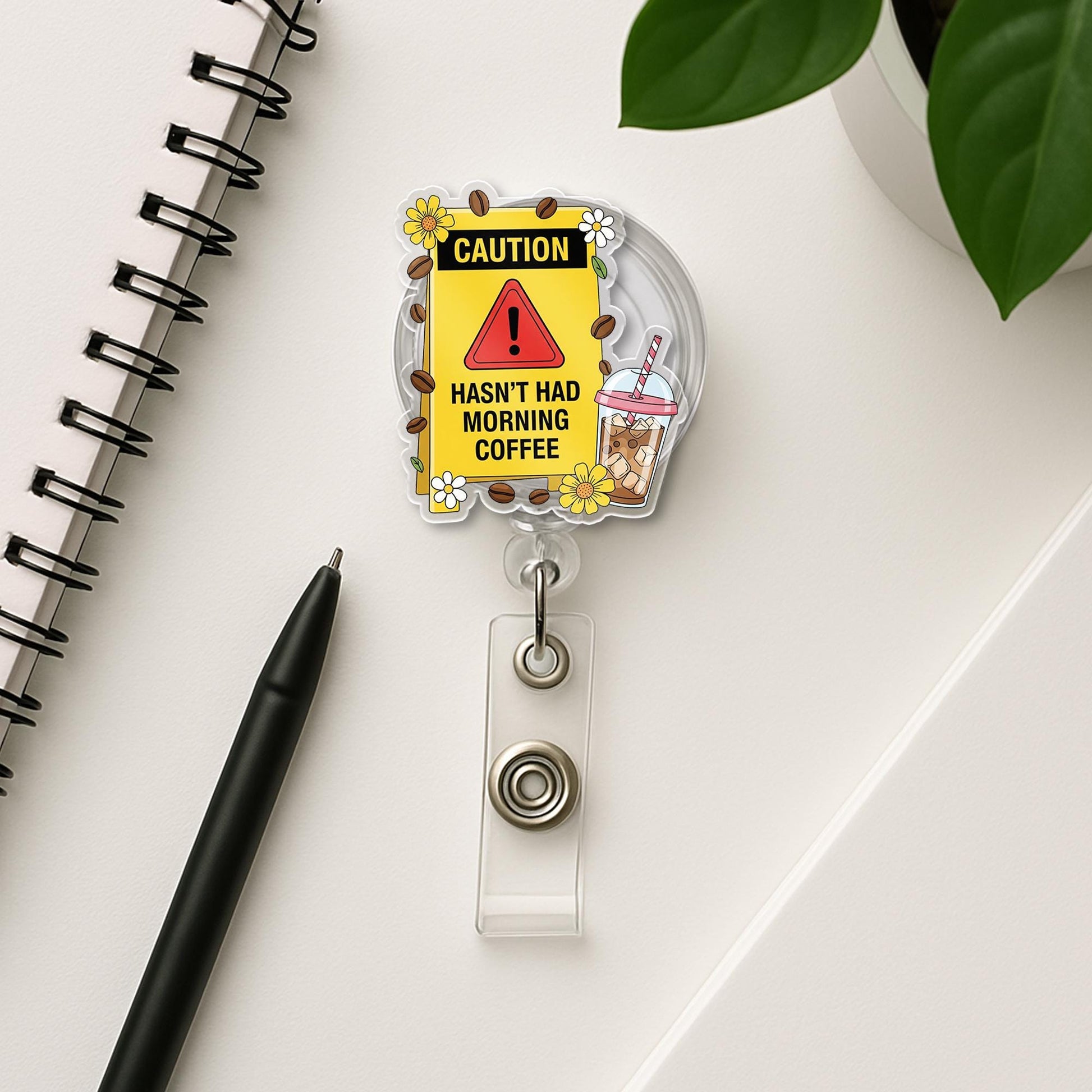 Caution Funny Coffee Badge Reel | Haven’t Had Morning Coffee ID Holder | Cute Badge for Nurses, Teachers, Coffee Lovers, Caution Badge Reel