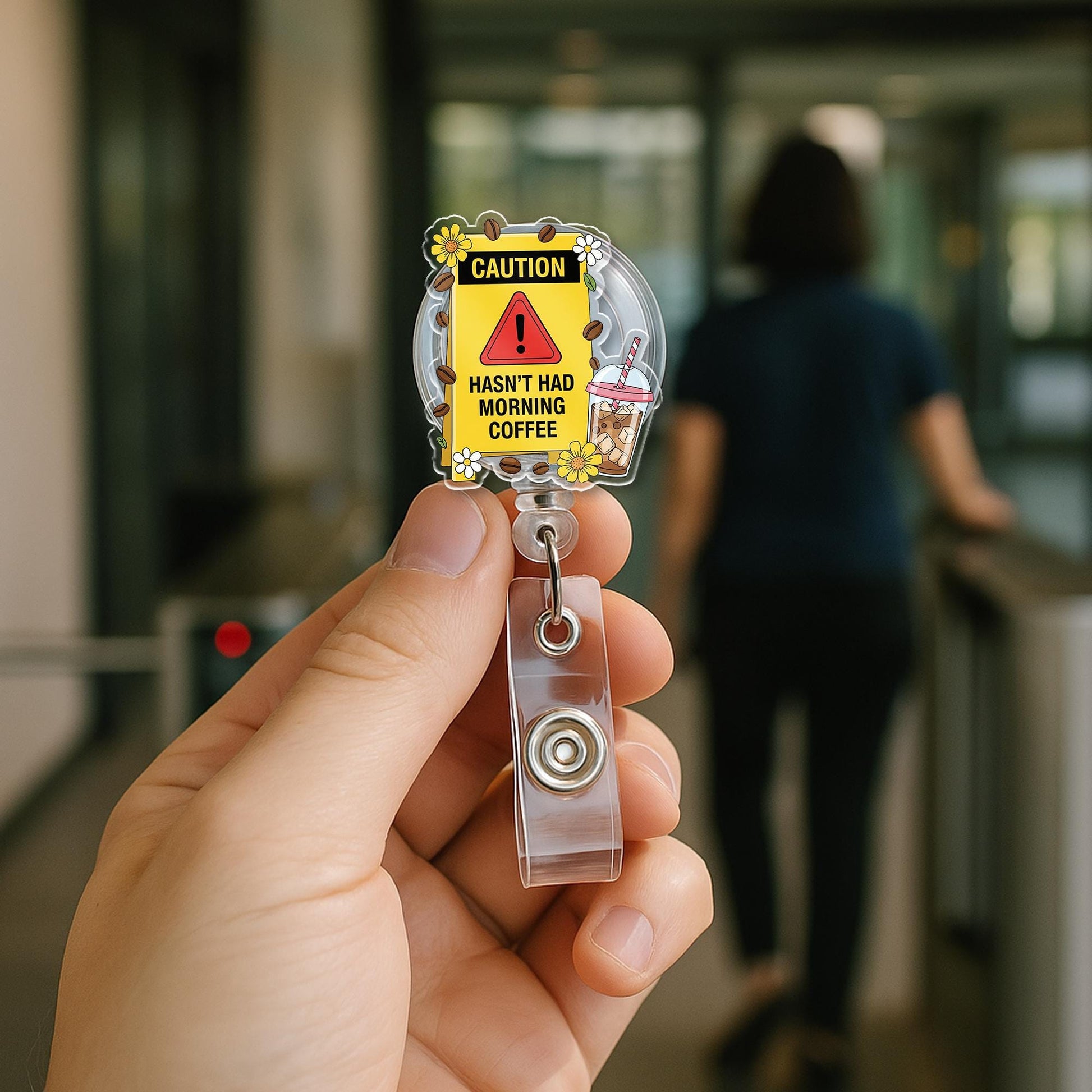 Caution Funny Coffee Badge Reel | Haven’t Had Morning Coffee ID Holder | Cute Badge for Nurses, Teachers, Coffee Lovers, Caution Badge Reel