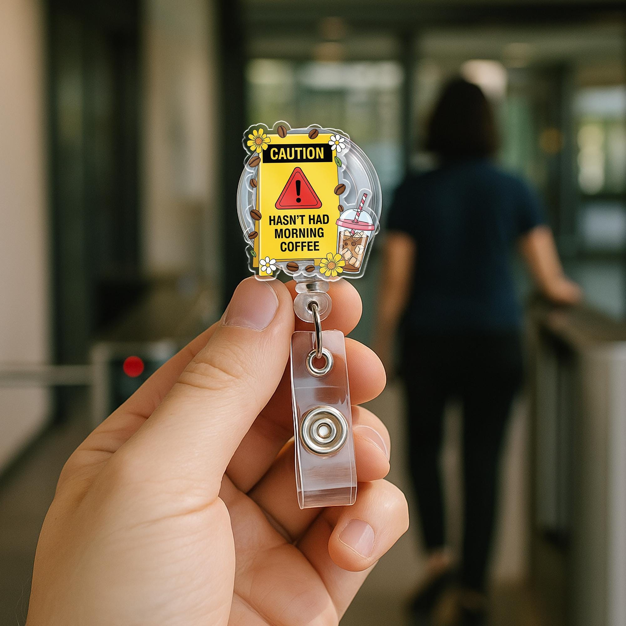 Caution Funny Coffee Badge Reel | Haven’t Had Morning Coffee ID Holder | Cute Badge for Nurses, Teachers, Coffee Lovers, Caution Badge Reel
