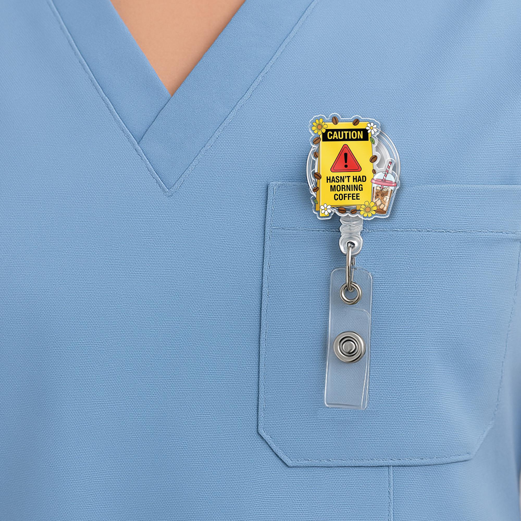 Caution Funny Coffee Badge Reel | Haven’t Had Morning Coffee ID Holder | Cute Badge for Nurses, Teachers, Coffee Lovers, Caution Badge Reel
