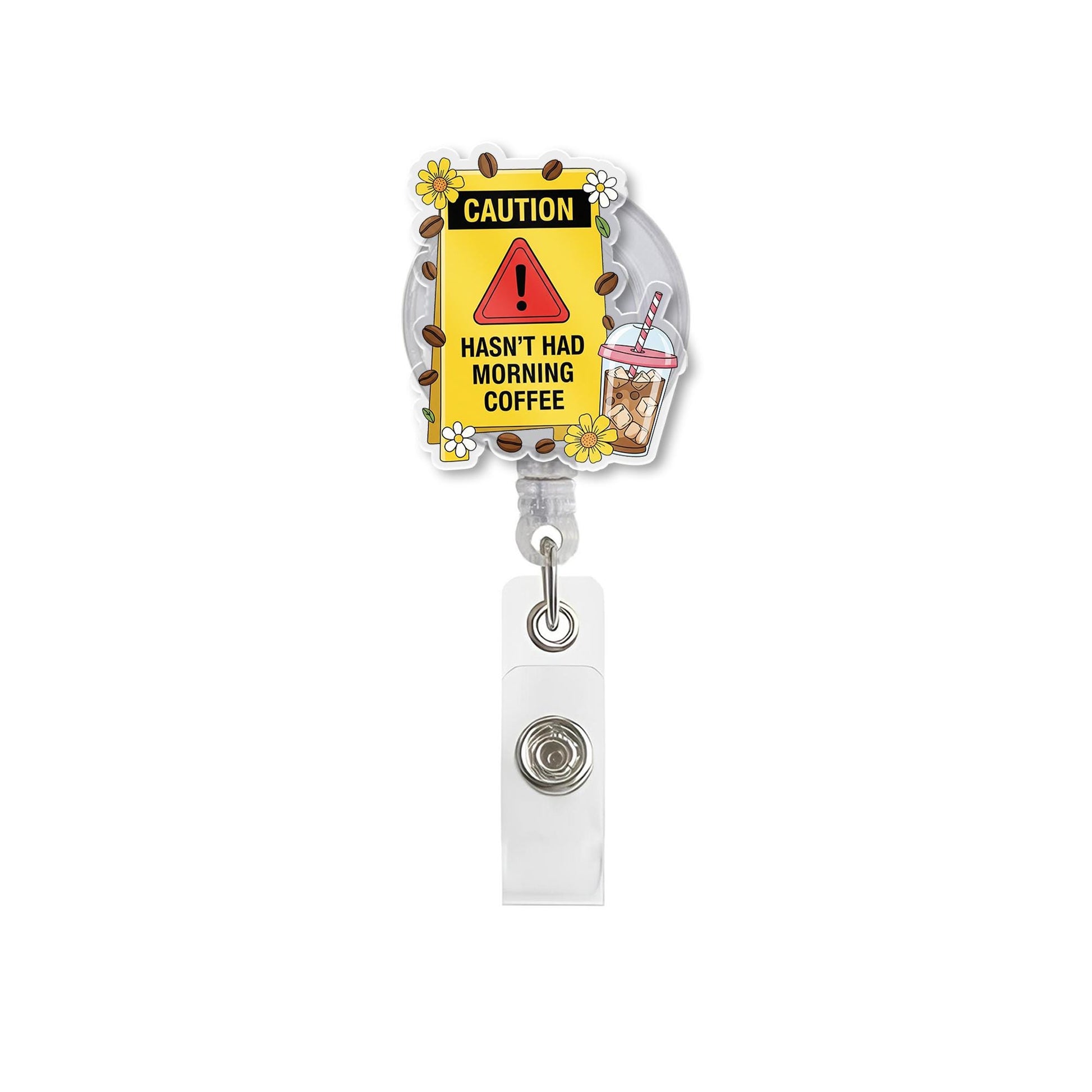 Caution Funny Coffee Badge Reel | Haven’t Had Morning Coffee ID Holder | Cute Badge for Nurses, Teachers, Coffee Lovers, Caution Badge Reel