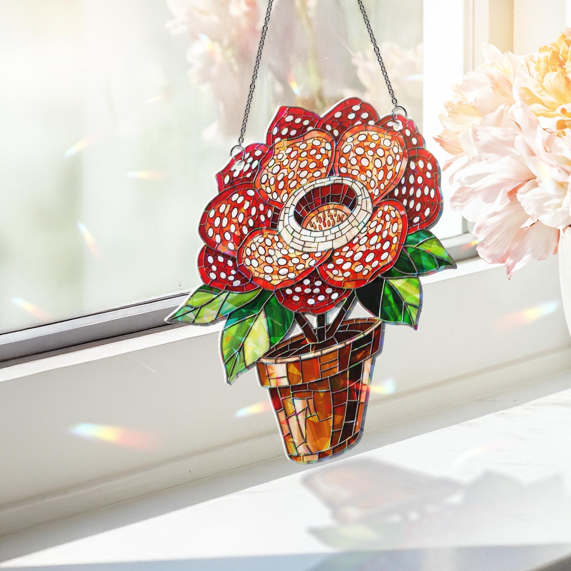 Spooky Rafflesia Flower Acrylic Suncatcher, Halloween Window Decor, Creepy Floral Hologram, Gothic Hanging Plant Ornament