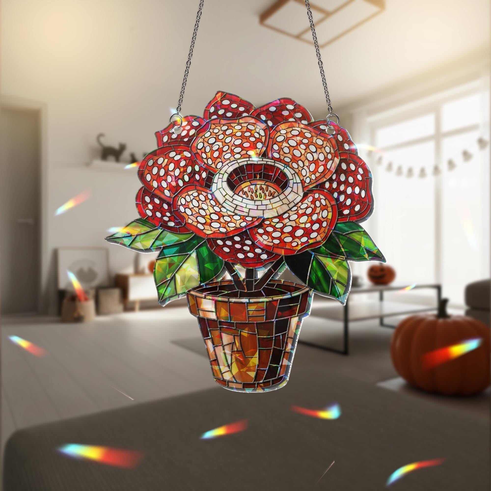 Spooky Rafflesia Flower Acrylic Suncatcher, Halloween Window Decor, Creepy Floral Hologram, Gothic Hanging Plant Ornament