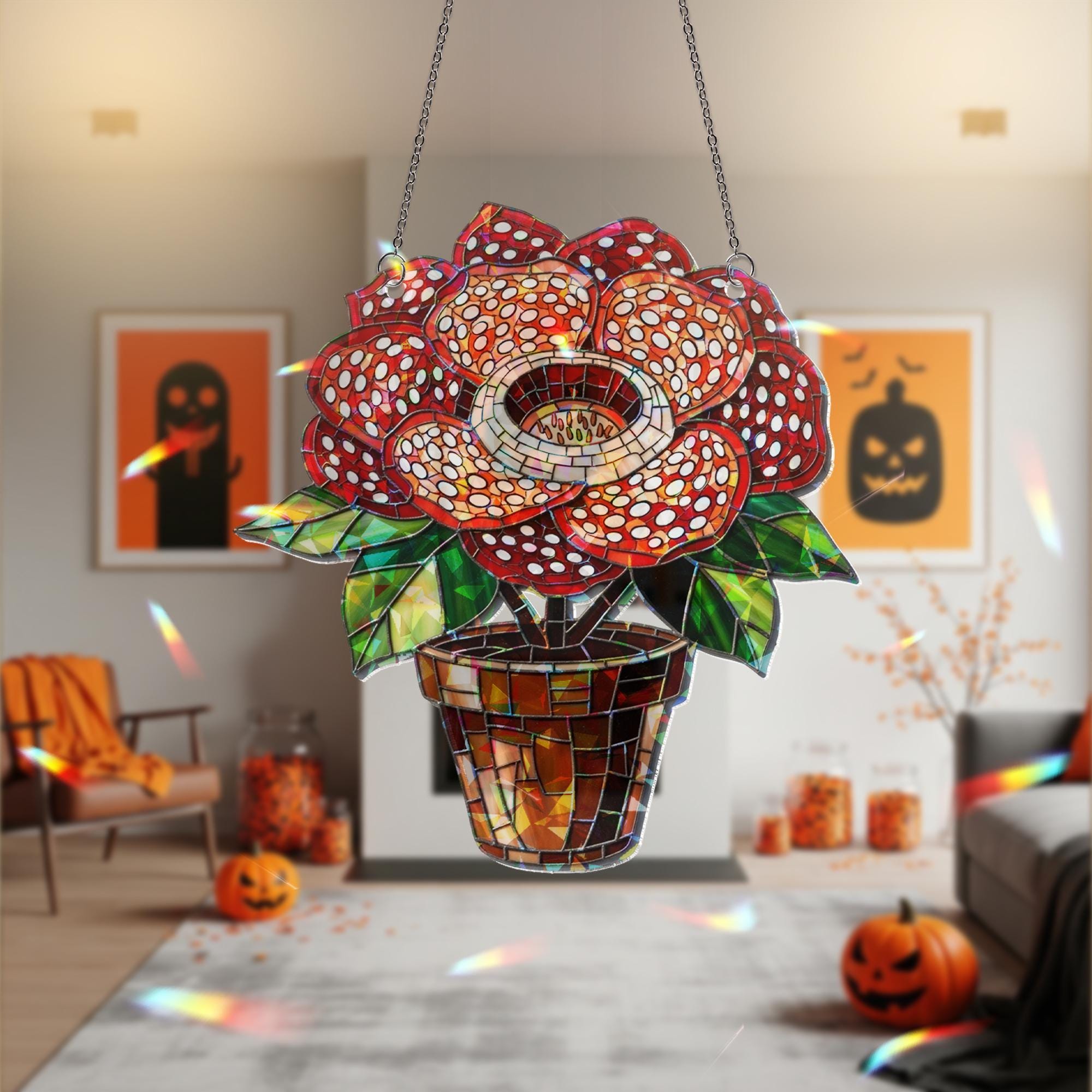 Spooky Rafflesia Flower Acrylic Suncatcher, Halloween Window Decor, Creepy Floral Hologram, Gothic Hanging Plant Ornament