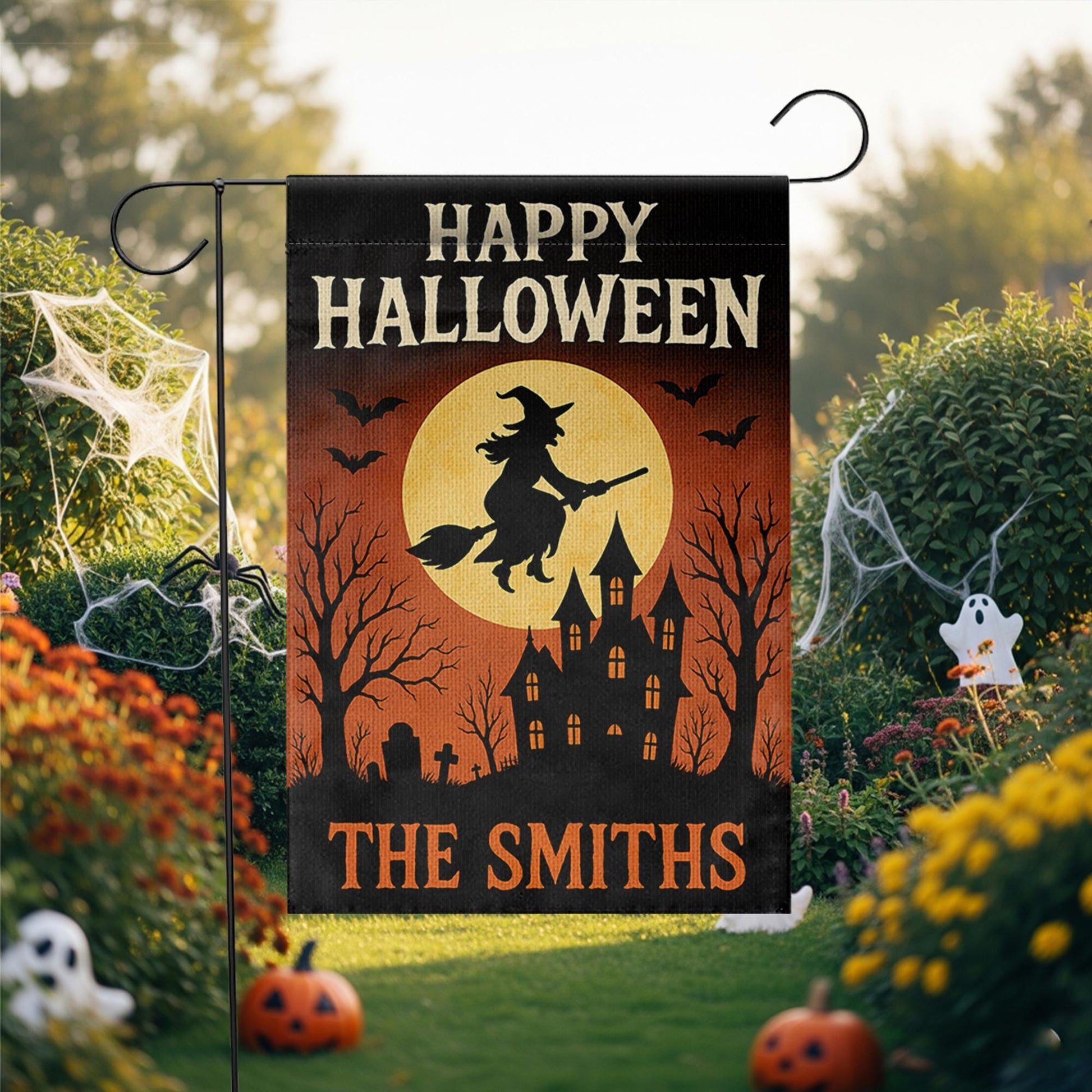 Halloween Garden Flag, Personalized Witch Yard Decor, Custom Fall Yard Sign, Spooky Haunted House Flag, Outdoor Halloween Decor