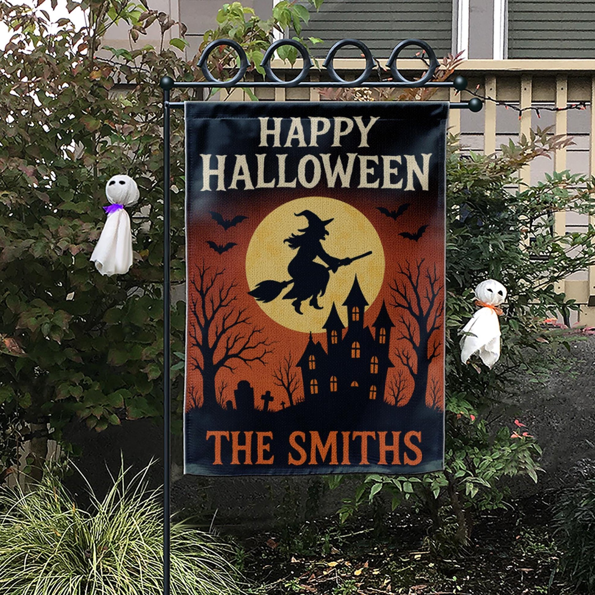 Halloween Garden Flag, Personalized Witch Yard Decor, Custom Fall Yard Sign, Spooky Haunted House Flag, Outdoor Halloween Decor