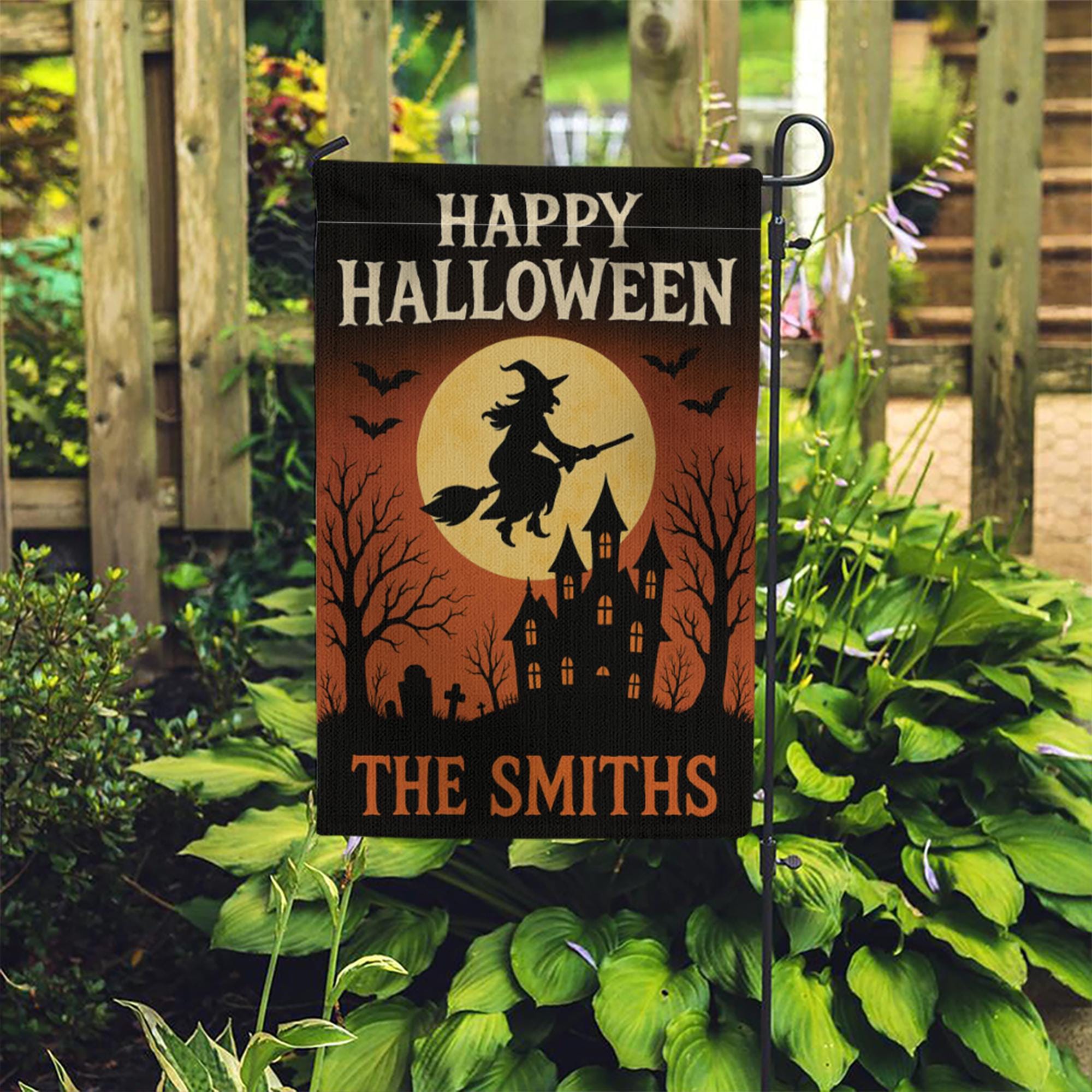 Halloween Garden Flag, Personalized Witch Yard Decor, Custom Fall Yard Sign, Spooky Haunted House Flag, Outdoor Halloween Decor