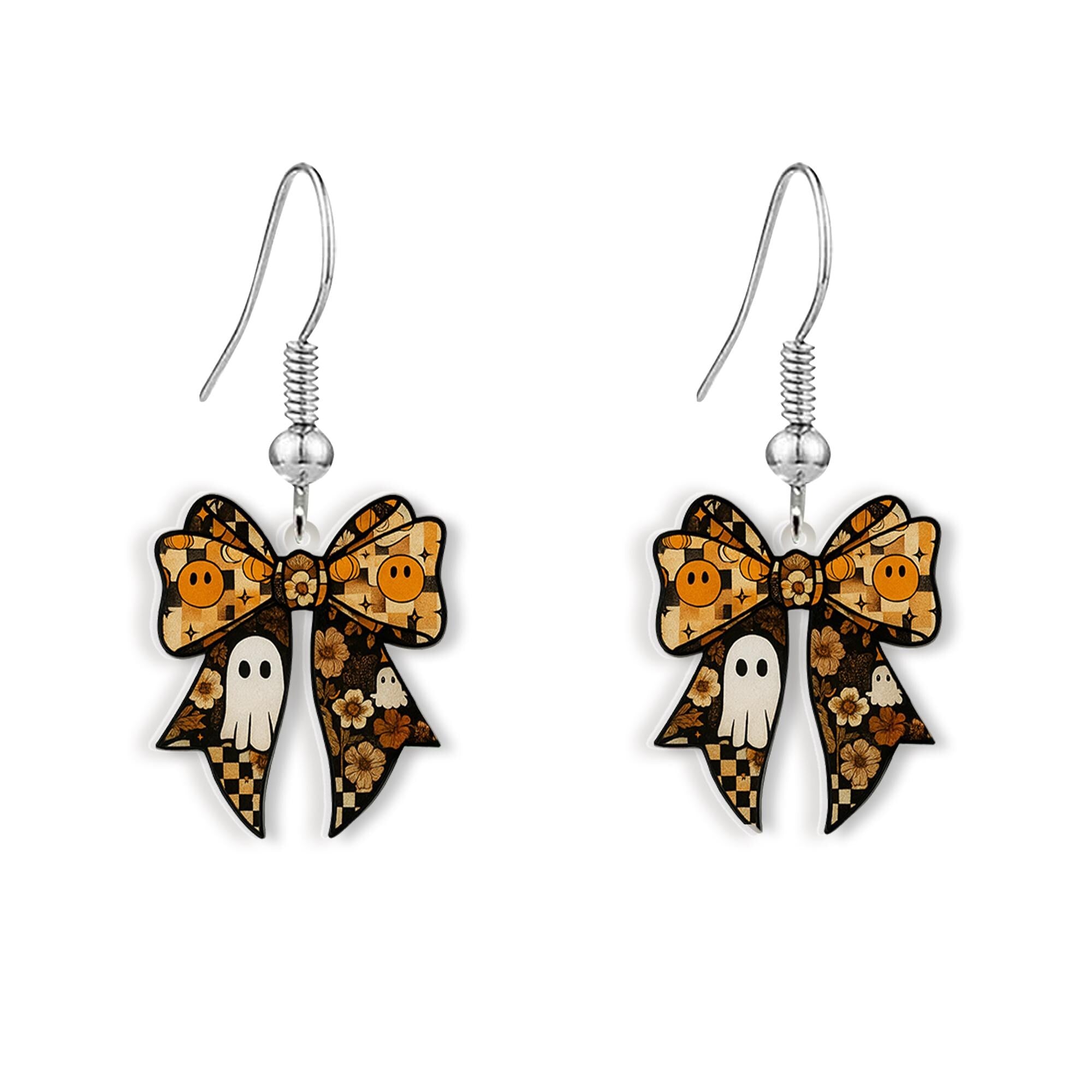 Spooky Bow Earrings, Halloween Ghost Earrings, Cute Fall Jewelry, Pumpkin Dangle Earrings, Gothic Bow Earrings, Witchy Gift Idea