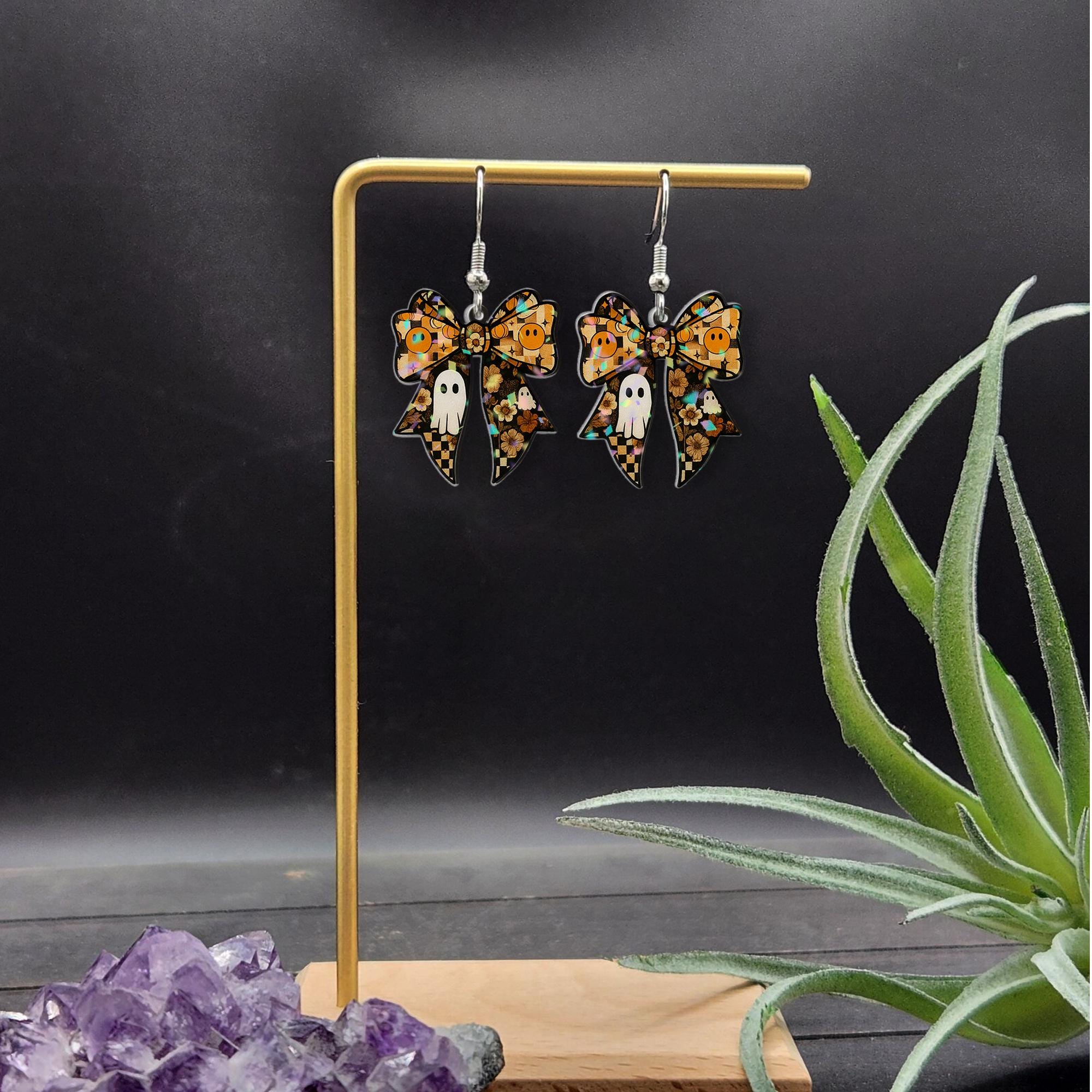 Spooky Bow Earrings, Halloween Ghost Earrings, Cute Fall Jewelry, Pumpkin Dangle Earrings, Gothic Bow Earrings, Witchy Gift Idea