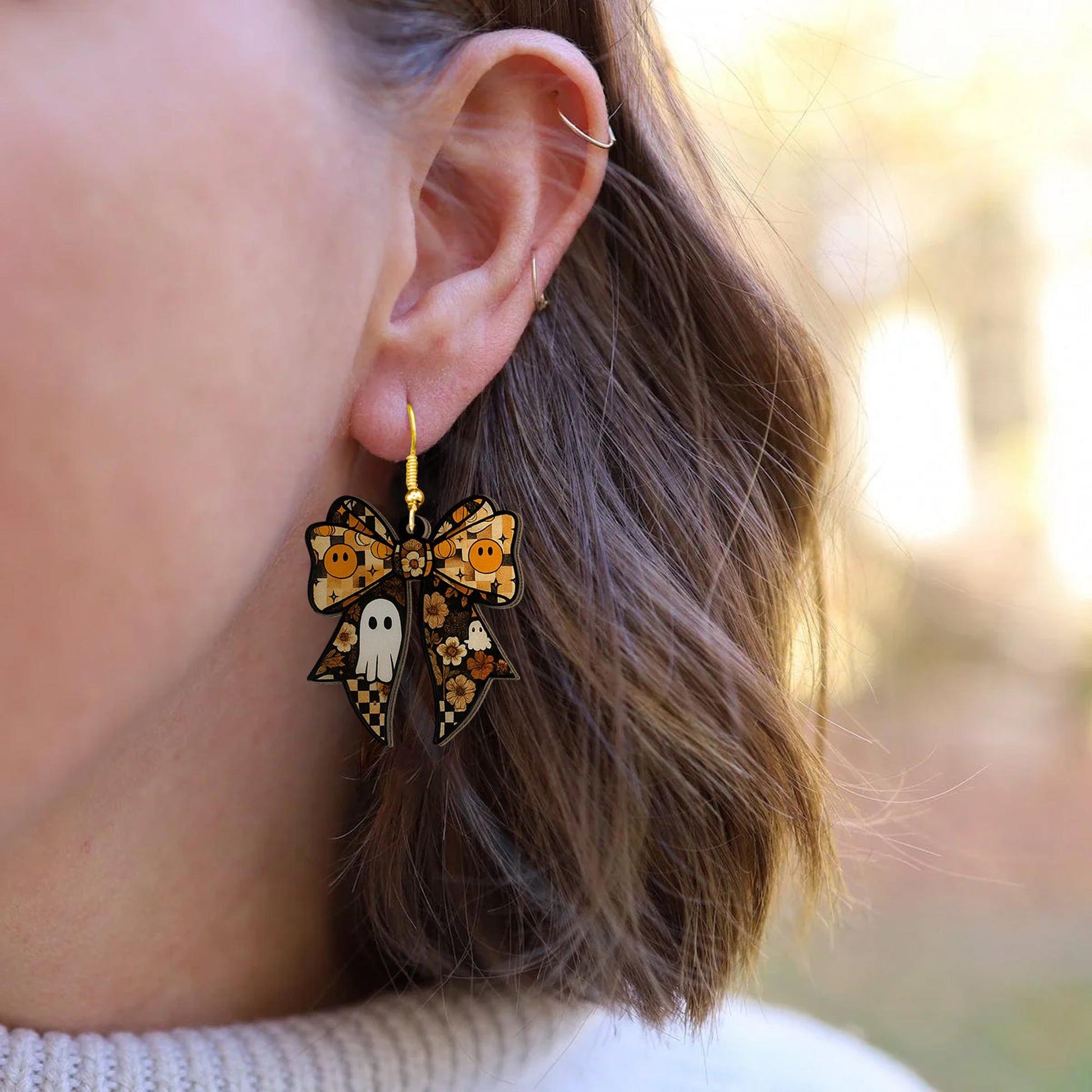 Spooky Bow Earrings, Halloween Ghost Earrings, Cute Fall Jewelry, Pumpkin Dangle Earrings, Gothic Bow Earrings, Witchy Gift Idea