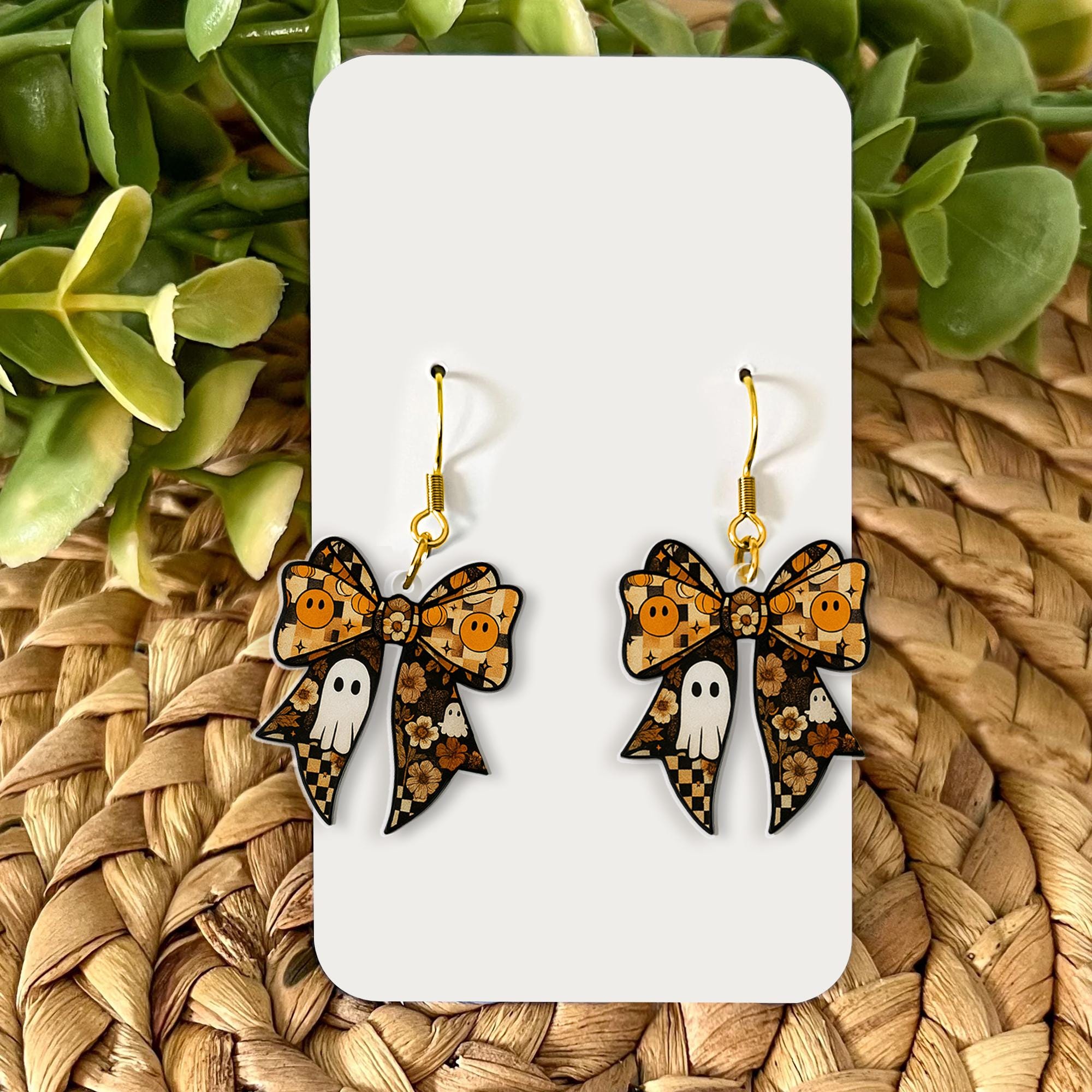 Spooky Bow Earrings, Halloween Ghost Earrings, Cute Fall Jewelry, Pumpkin Dangle Earrings, Gothic Bow Earrings, Witchy Gift Idea