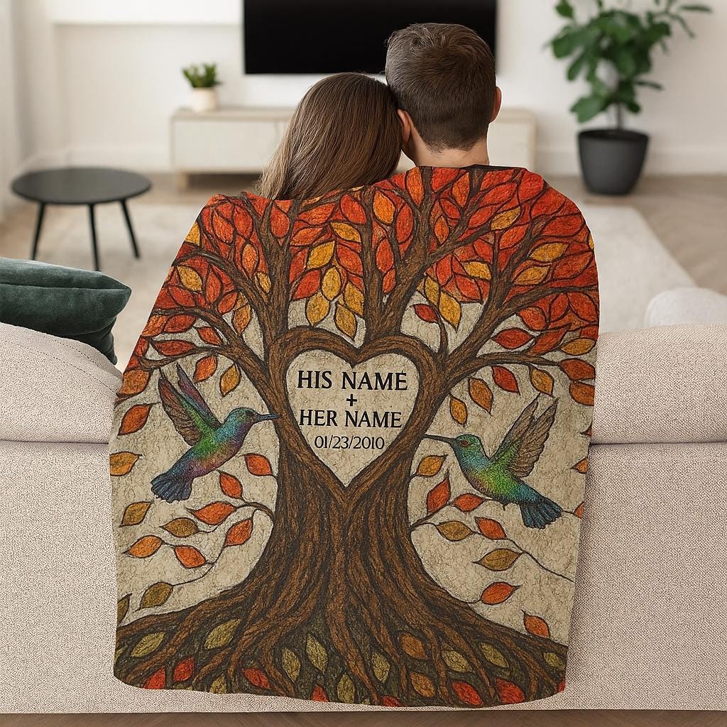 Personalized Anniversary Blanket, Couple Tree of Life Throw, Custom Name & Date Blanket,Fall Hummingbird Gift for Her or Him,Couple Keepsake