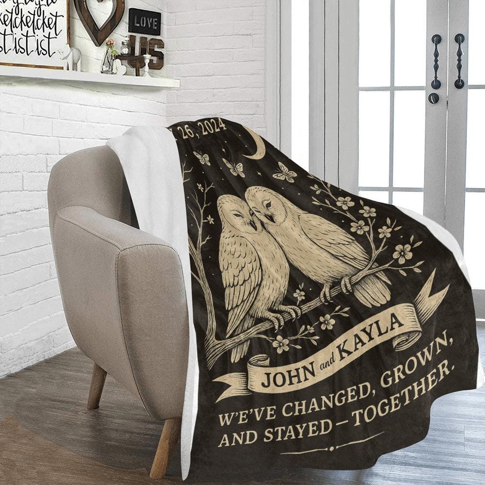 Custom Owl Couple Blanket, Personalized Anniversary Gift, Wedding Gift for Couple, Romantic Blanket, Gift for Him Her, Wedding Anniversary