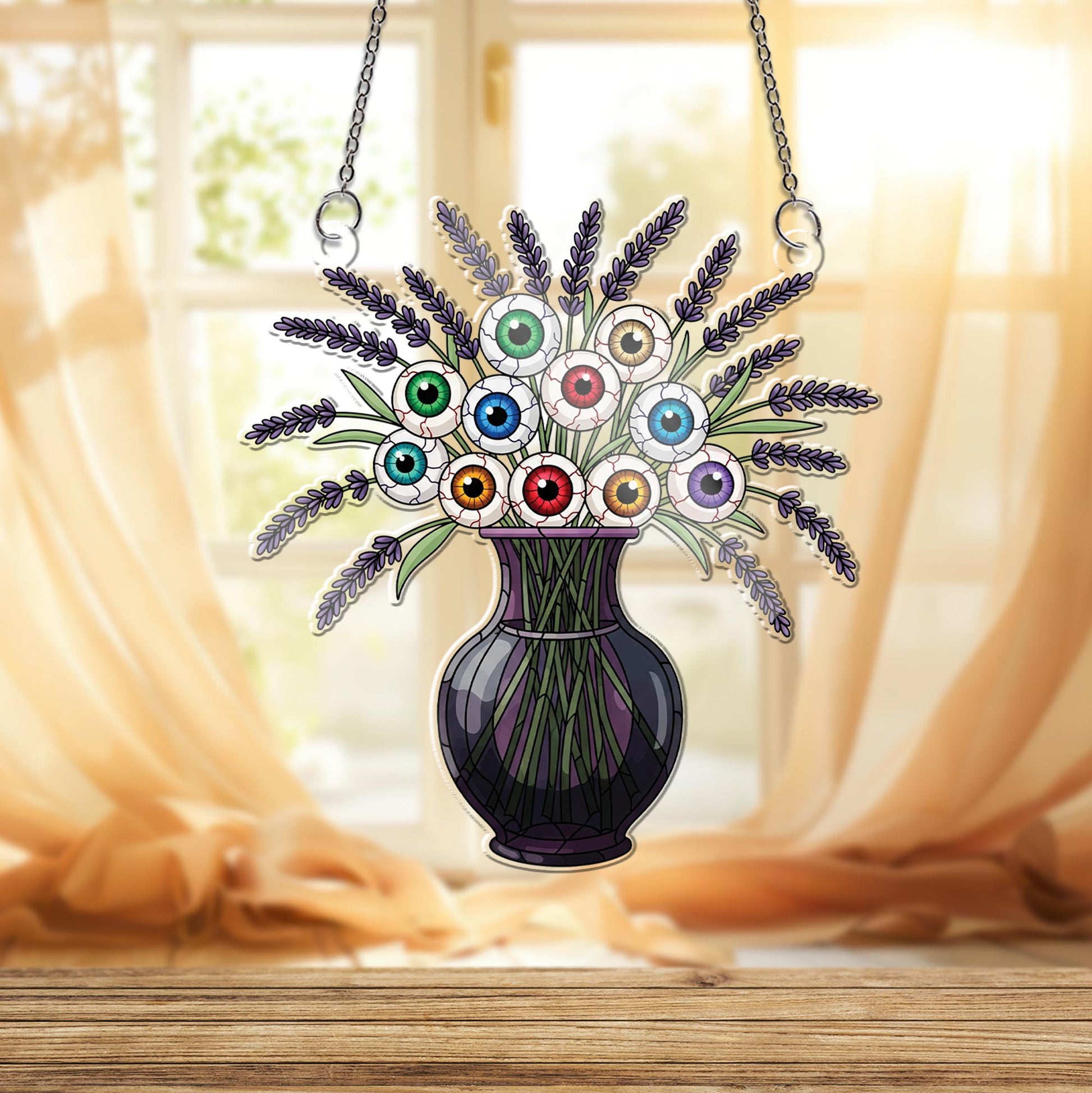 Eyeball Bouquet Vase Window Hanging – Spooky Halloween Sun Catcher, Creepy Eyeball Floral Gothic Window Decor