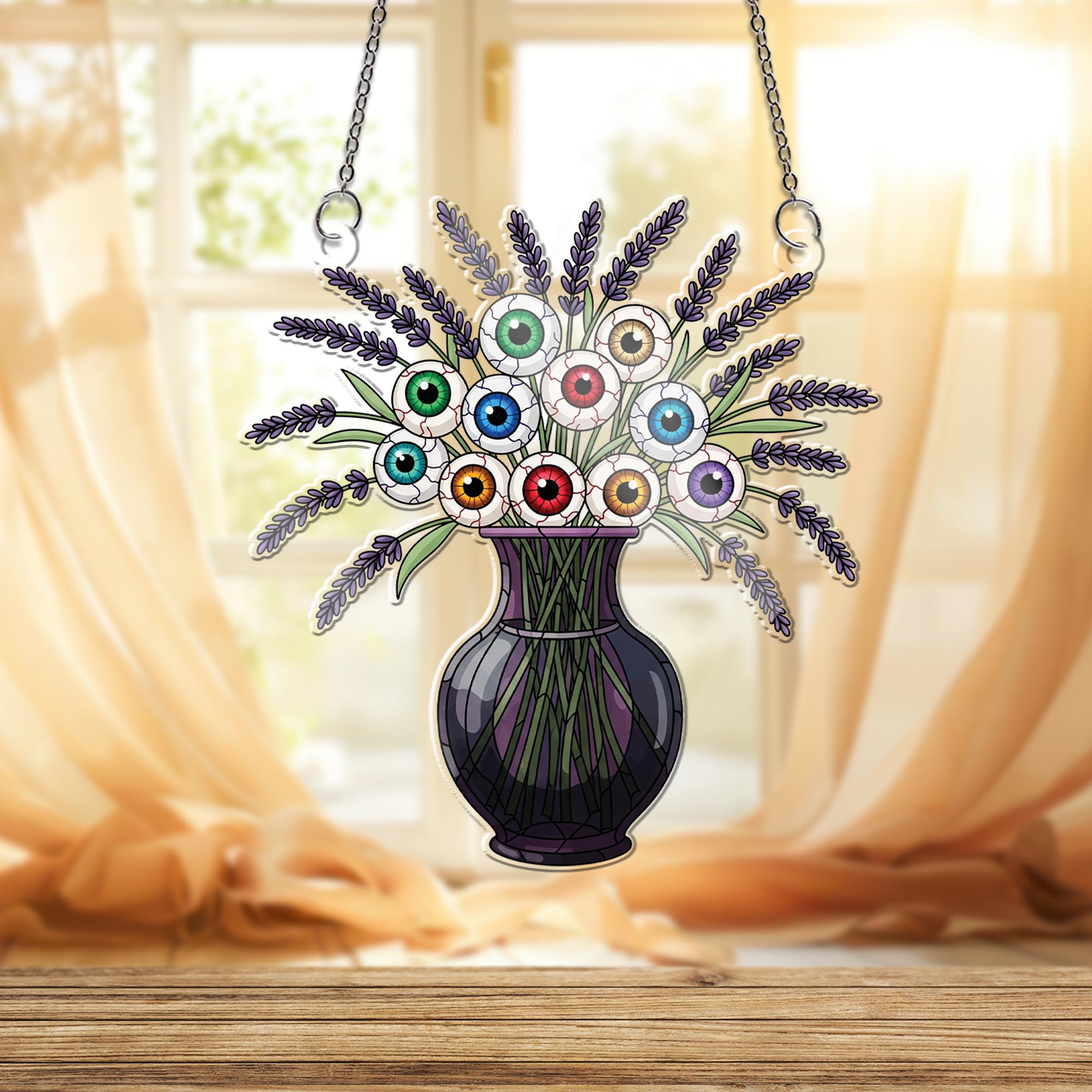 Eyeball Bouquet Vase Window Hanging – Spooky Halloween Sun Catcher, Creepy Eyeball Floral Gothic Window Decor