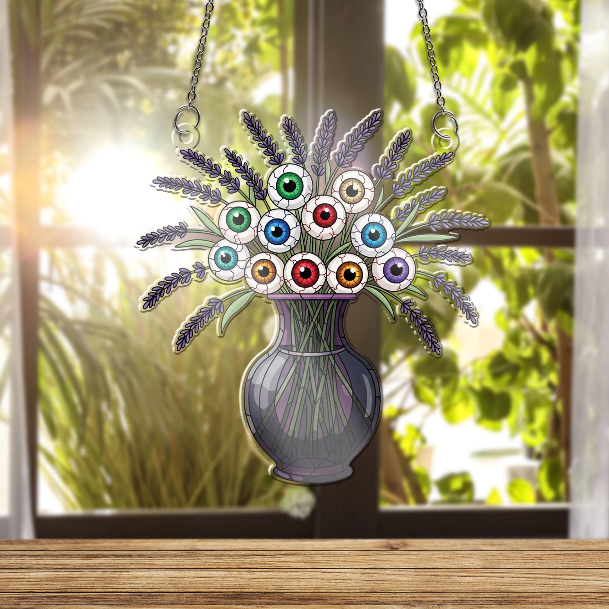 Eyeball Bouquet Vase Window Hanging – Spooky Halloween Sun Catcher, Creepy Eyeball Floral Gothic Window Decor