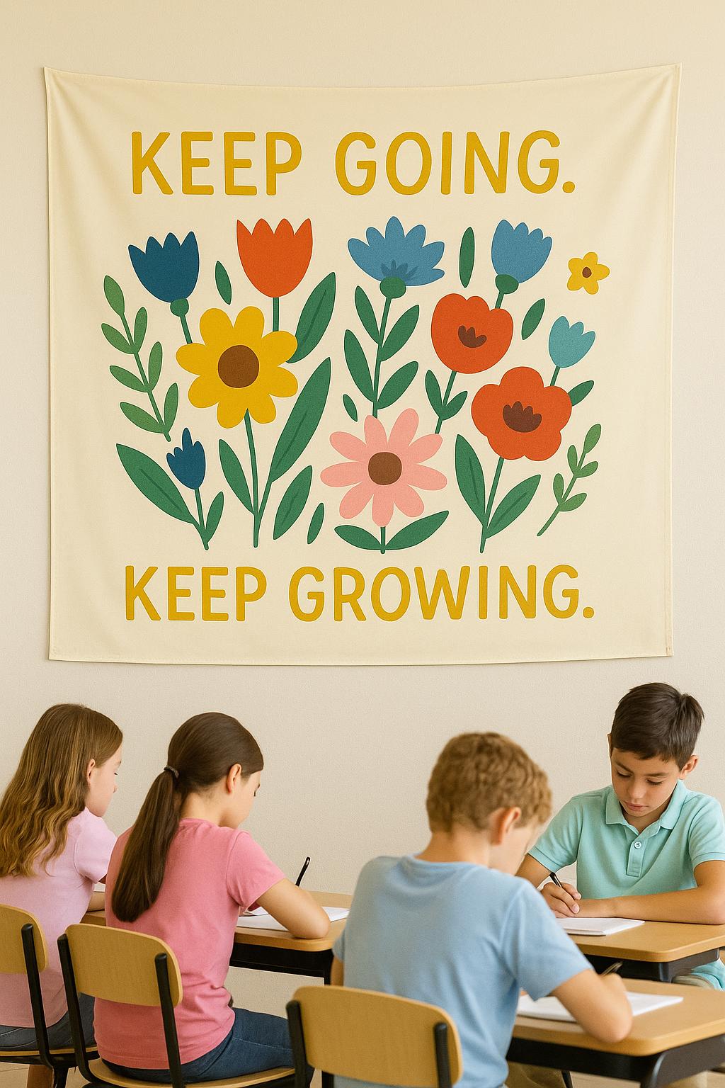 Inspirational Wall Tapestry – “Keep Going Keep Growing” Floral Banner – Positive Classroom, Dorm, or Office Wall Decor
