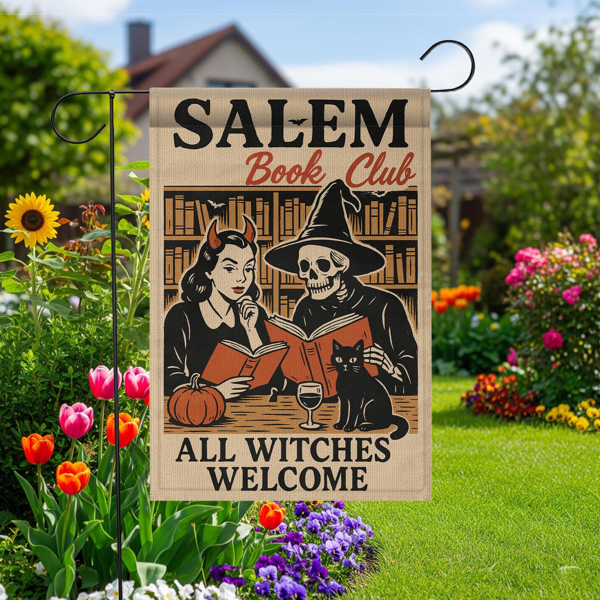 Salem Book Club Garden Flag – Funny Halloween Witch and  Skeleton Reading Banner – Spooky Fall Yard Decor for Book Lovers & Witches