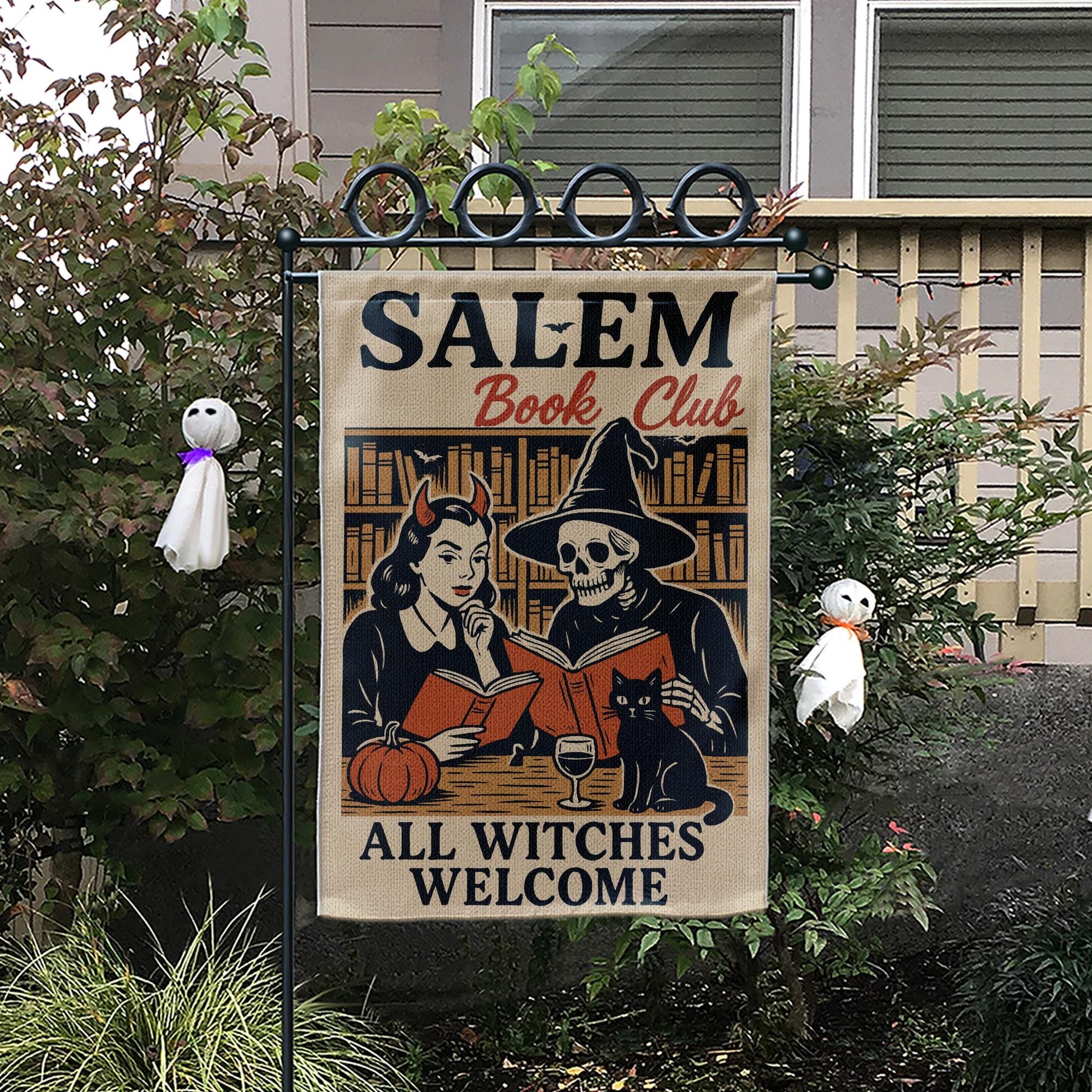 Salem Book Club Garden Flag – Funny Halloween Witch and  Skeleton Reading Banner – Spooky Fall Yard Decor for Book Lovers & Witches