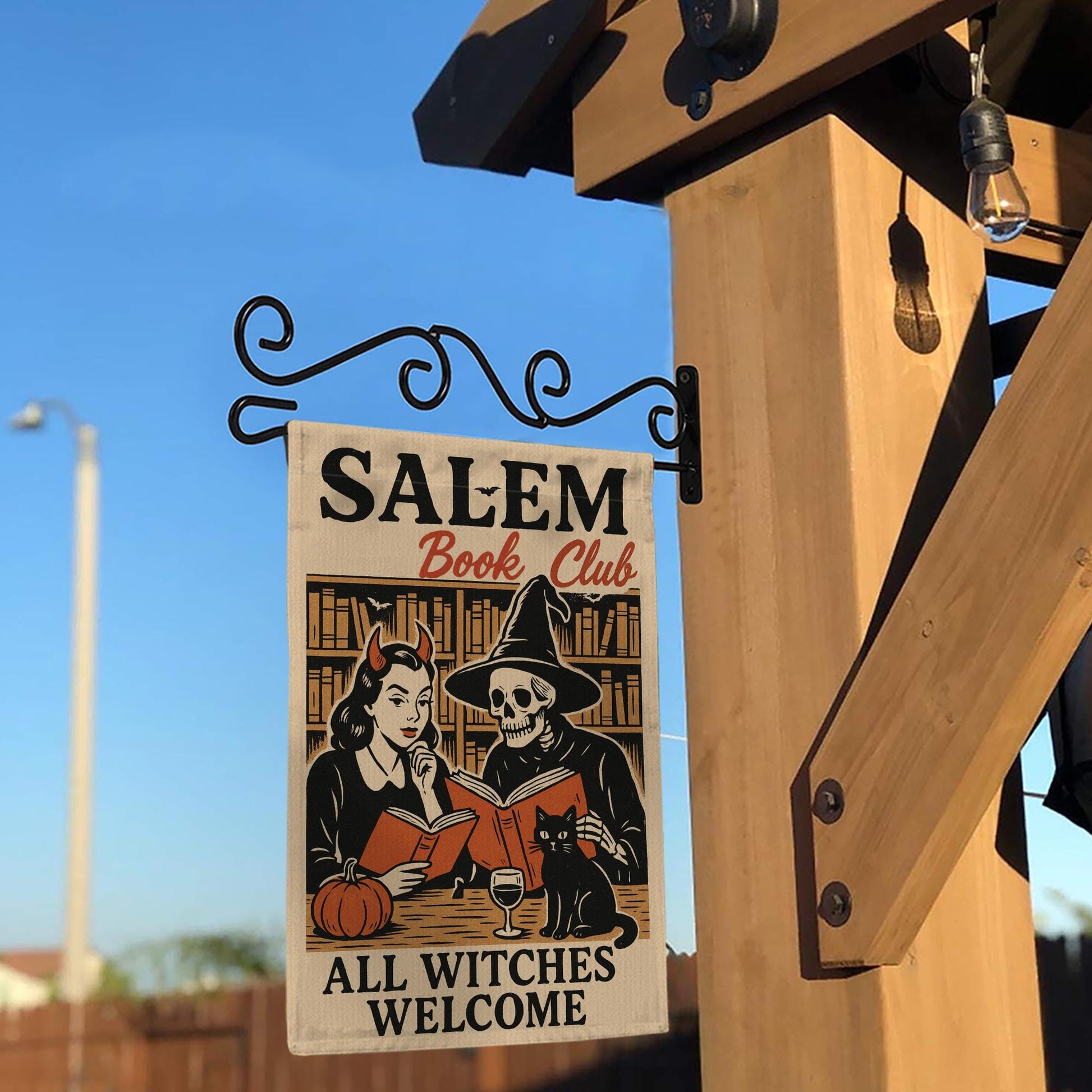 Salem Book Club Garden Flag – Funny Halloween Witch and  Skeleton Reading Banner – Spooky Fall Yard Decor for Book Lovers & Witches