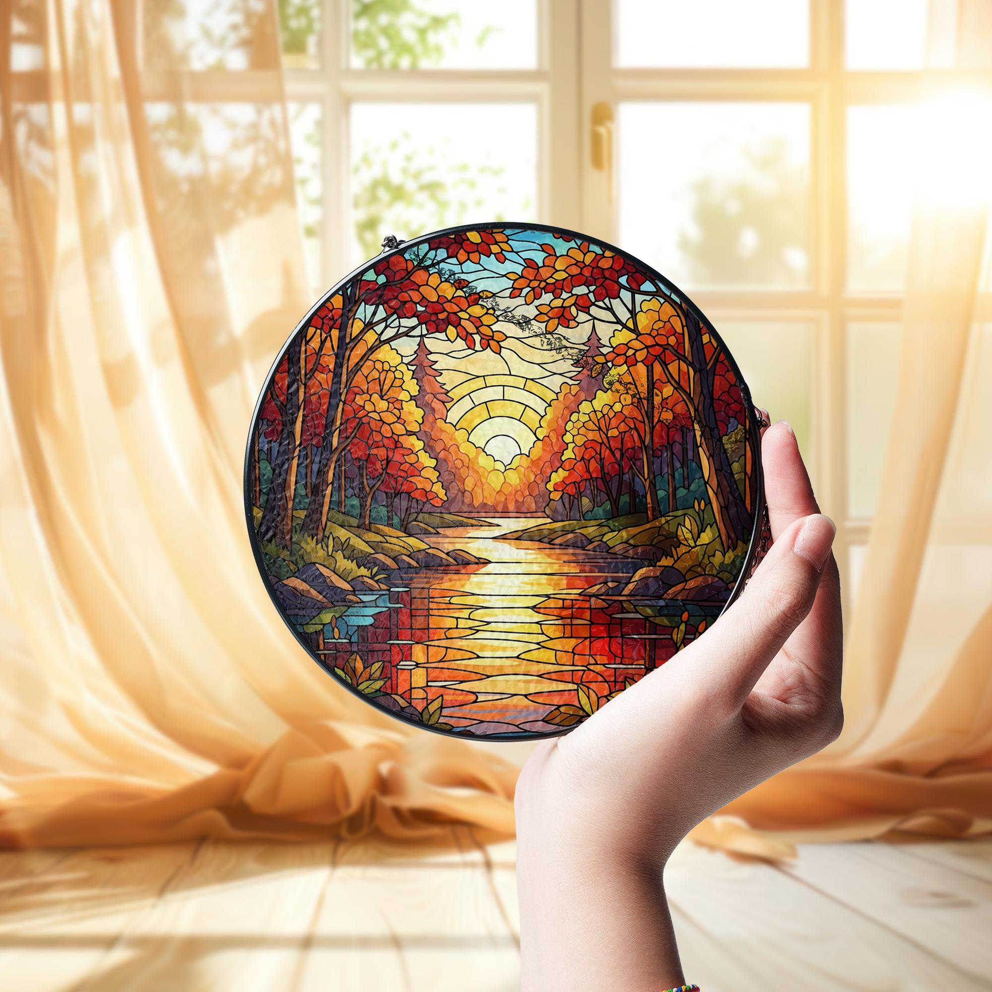 Autumn Forest Suncatcher – Round Glass Window Hanging with River Sunset – Colorful Fall Decor for Home or Gift