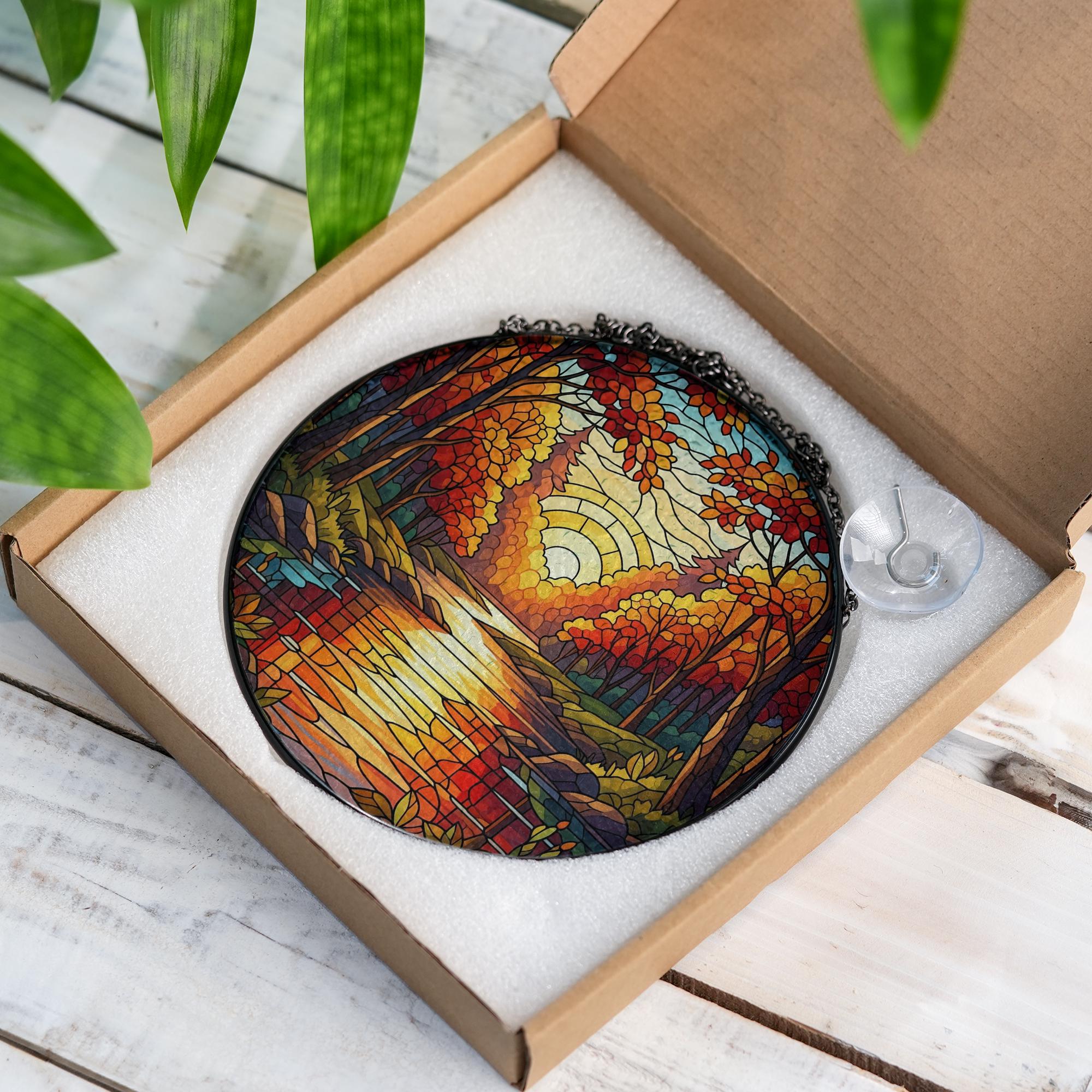 Autumn Forest Suncatcher – Round Glass Window Hanging with River Sunset – Colorful Fall Decor for Home or Gift