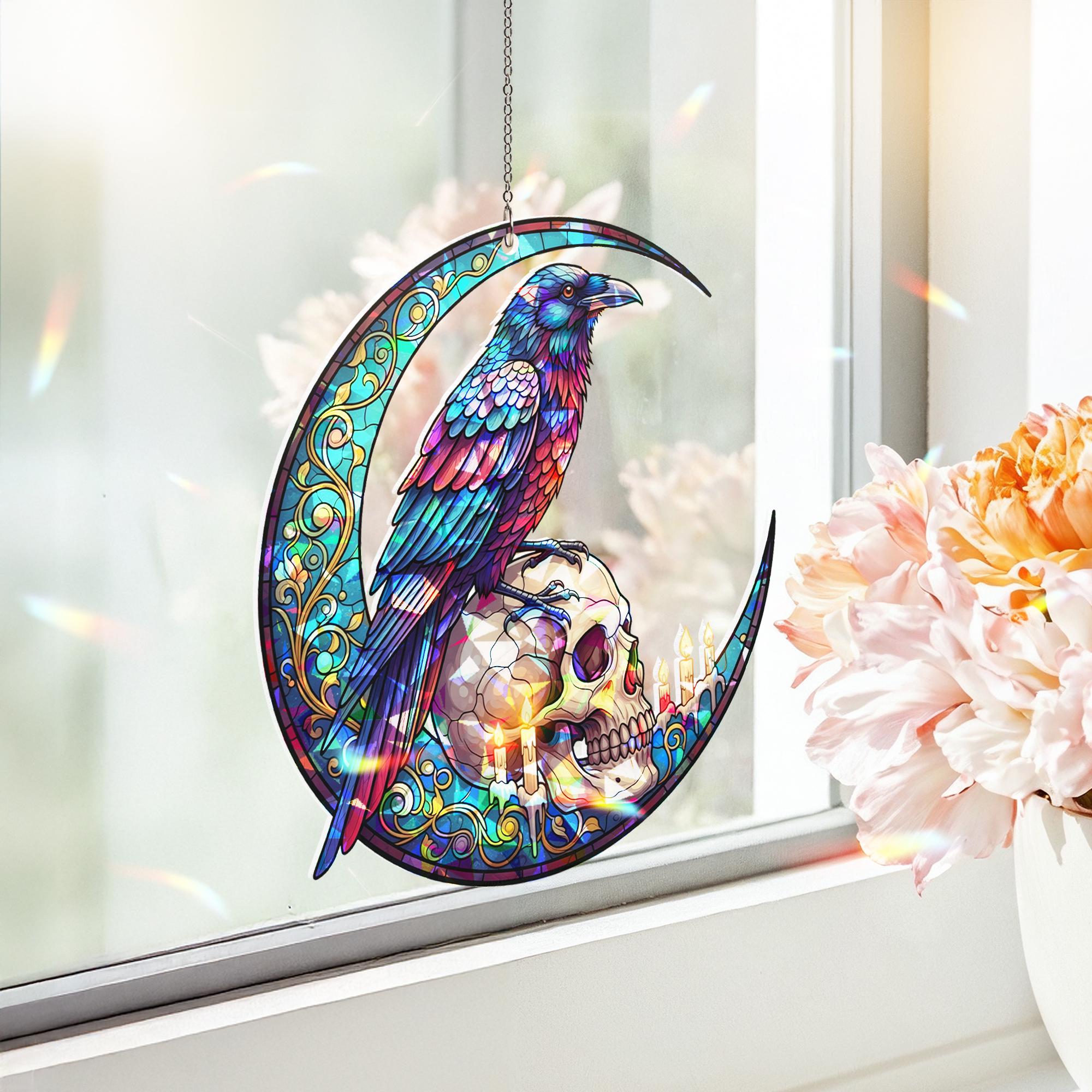 Gothic Raven & Skull Suncatcher – Holographic Acrylic Moon Window Hanging – Spooky Witchy Decor for Halloween or Year-Round Magic