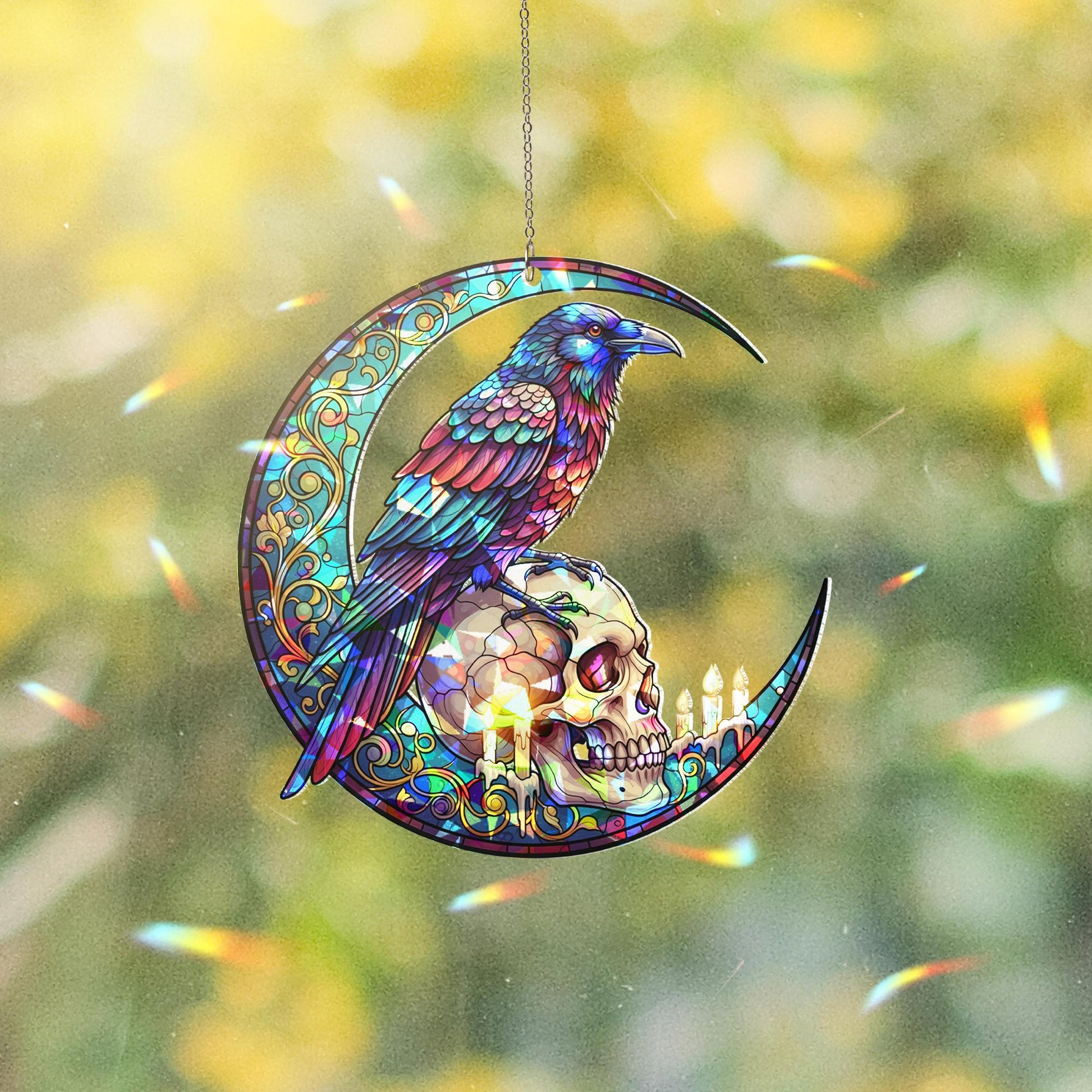 Gothic Raven & Skull Suncatcher – Holographic Acrylic Moon Window Hanging – Spooky Witchy Decor for Halloween or Year-Round Magic