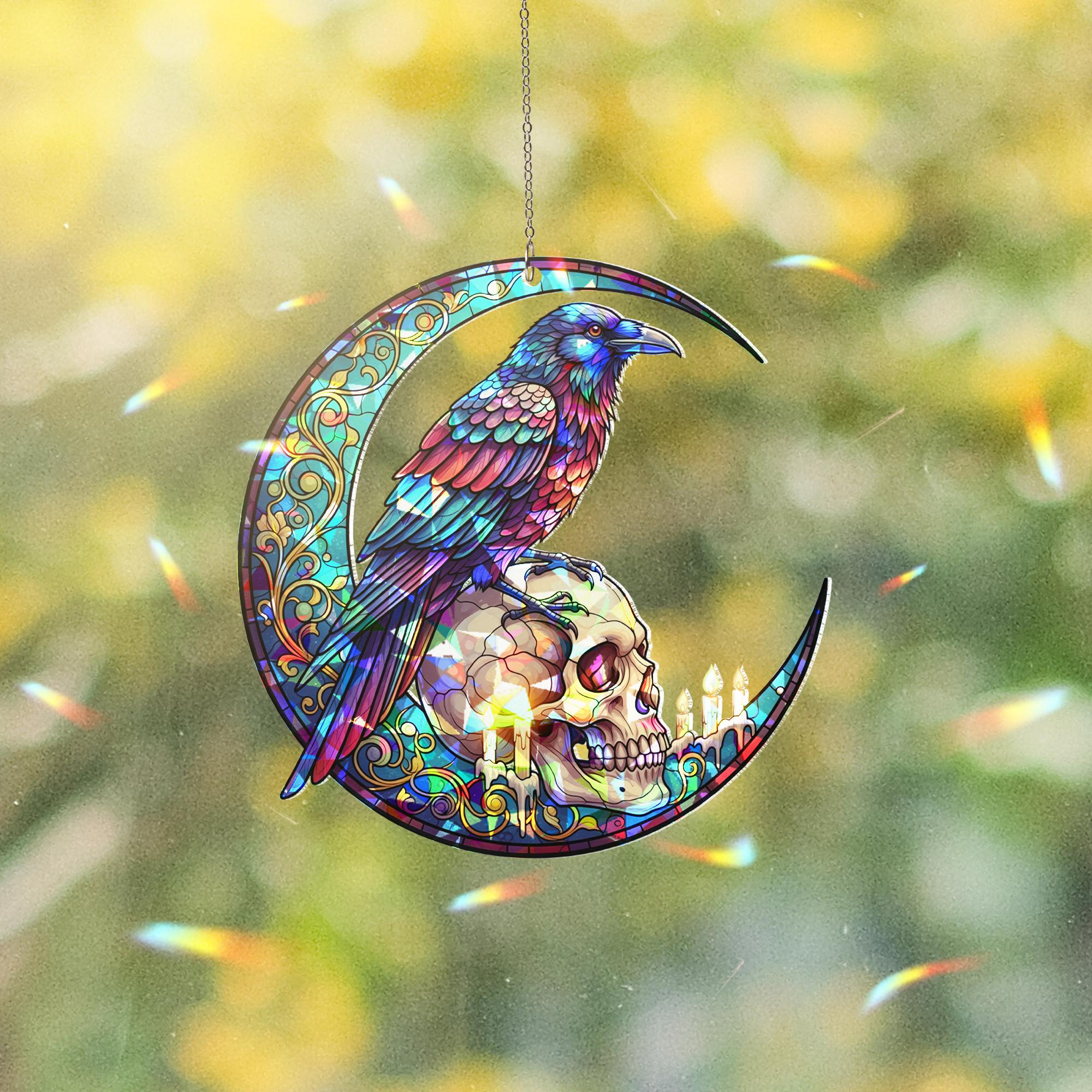 Gothic Raven & Skull Suncatcher – Holographic Acrylic Moon Window Hanging – Spooky Witchy Decor for Halloween or Year-Round Magic
