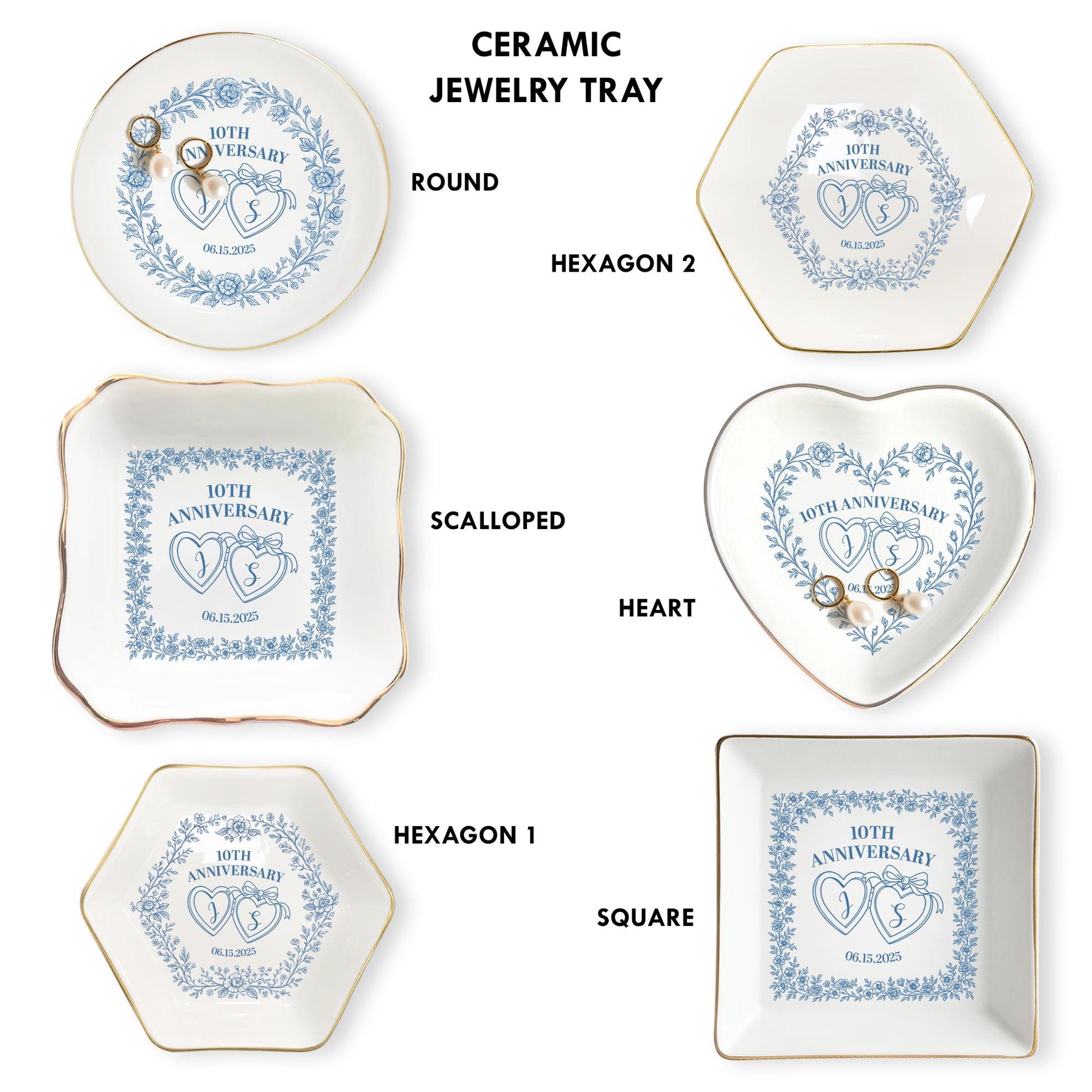 Anniversary Ceramic Ring Dish Set – Personalized Jewelry Holder, Wedding Keepsake, Engagement Gift for Couples