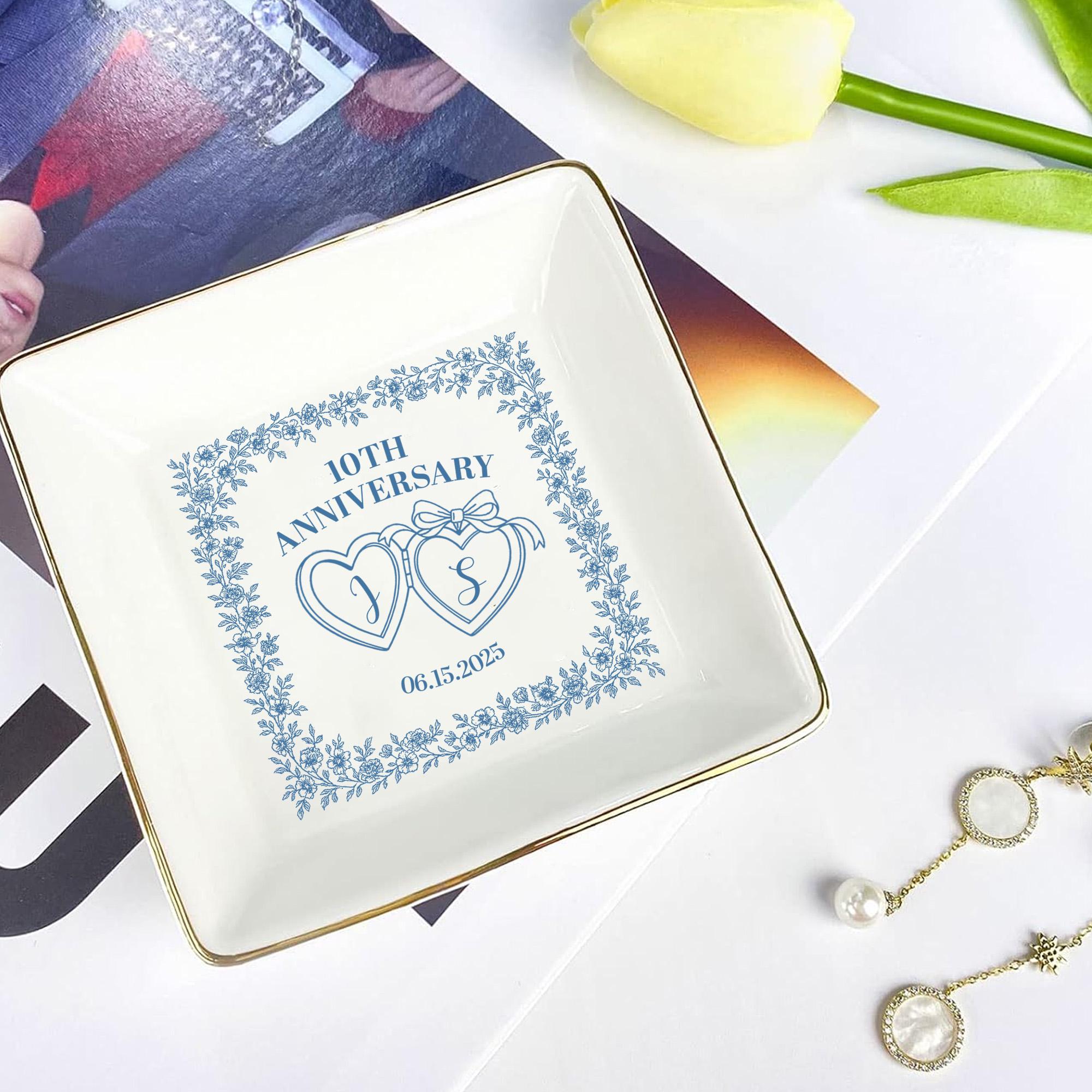 Anniversary Ceramic Ring Dish Set – Personalized Jewelry Holder, Wedding Keepsake, Engagement Gift for Couples