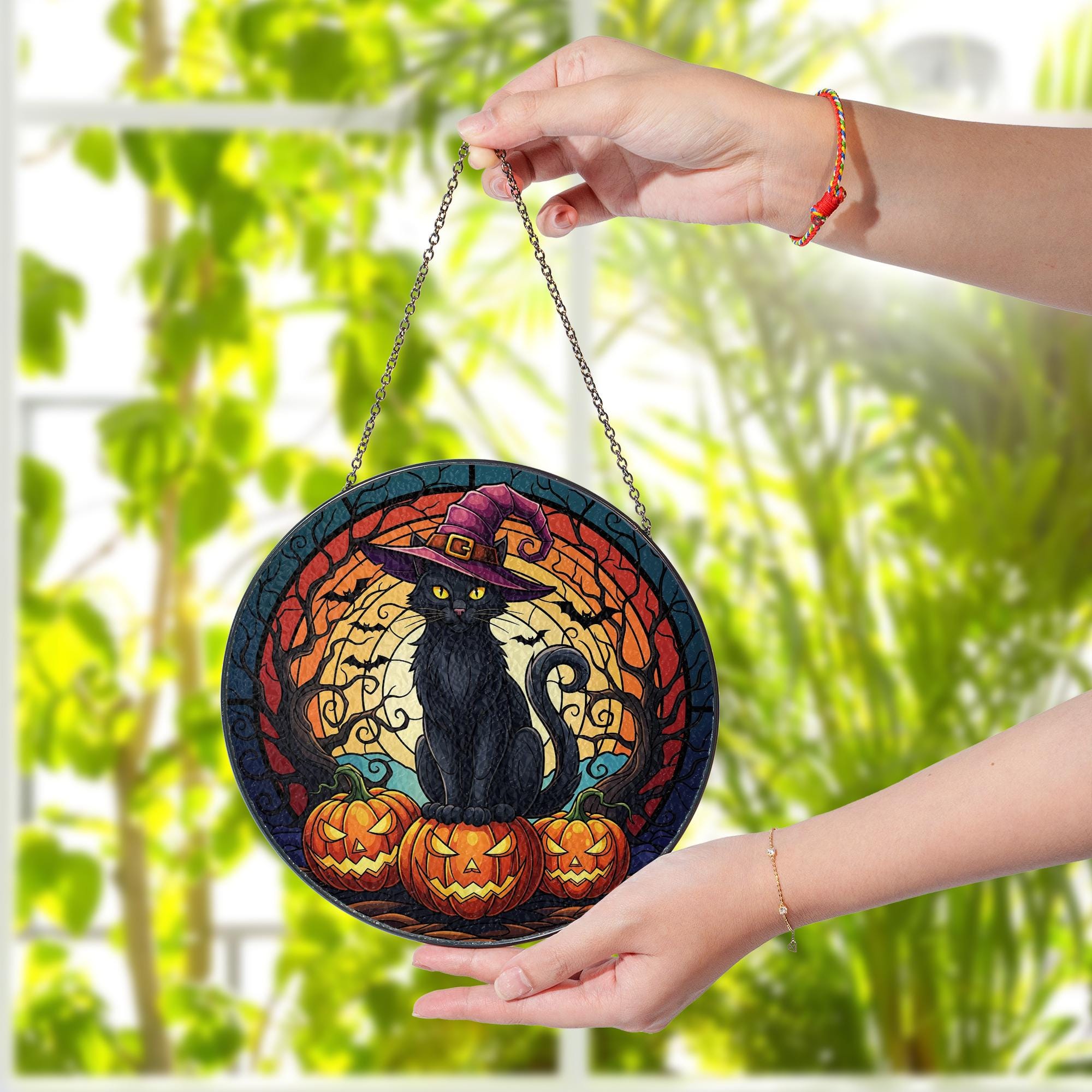 Halloween Cat Suncatcher, Black Cat with Witch Hat and Pumpkins, Spooky Window Decor, Stained Glass Gothic Fall Ornament