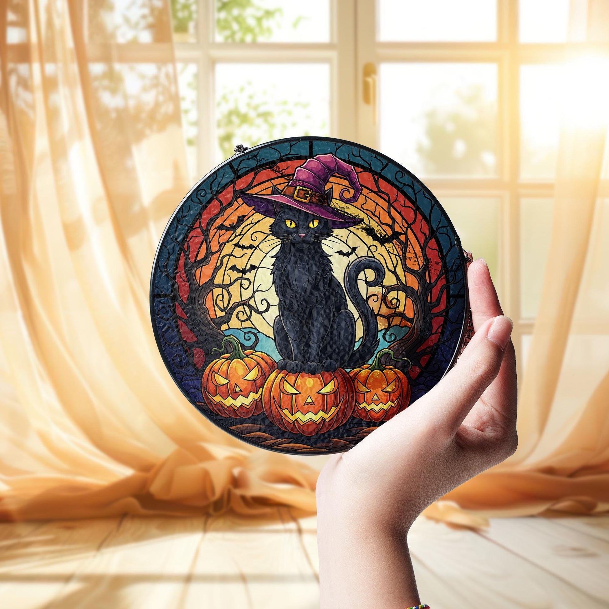 Halloween Cat Suncatcher, Black Cat with Witch Hat and Pumpkins, Spooky Window Decor, Stained Glass Gothic Fall Ornament